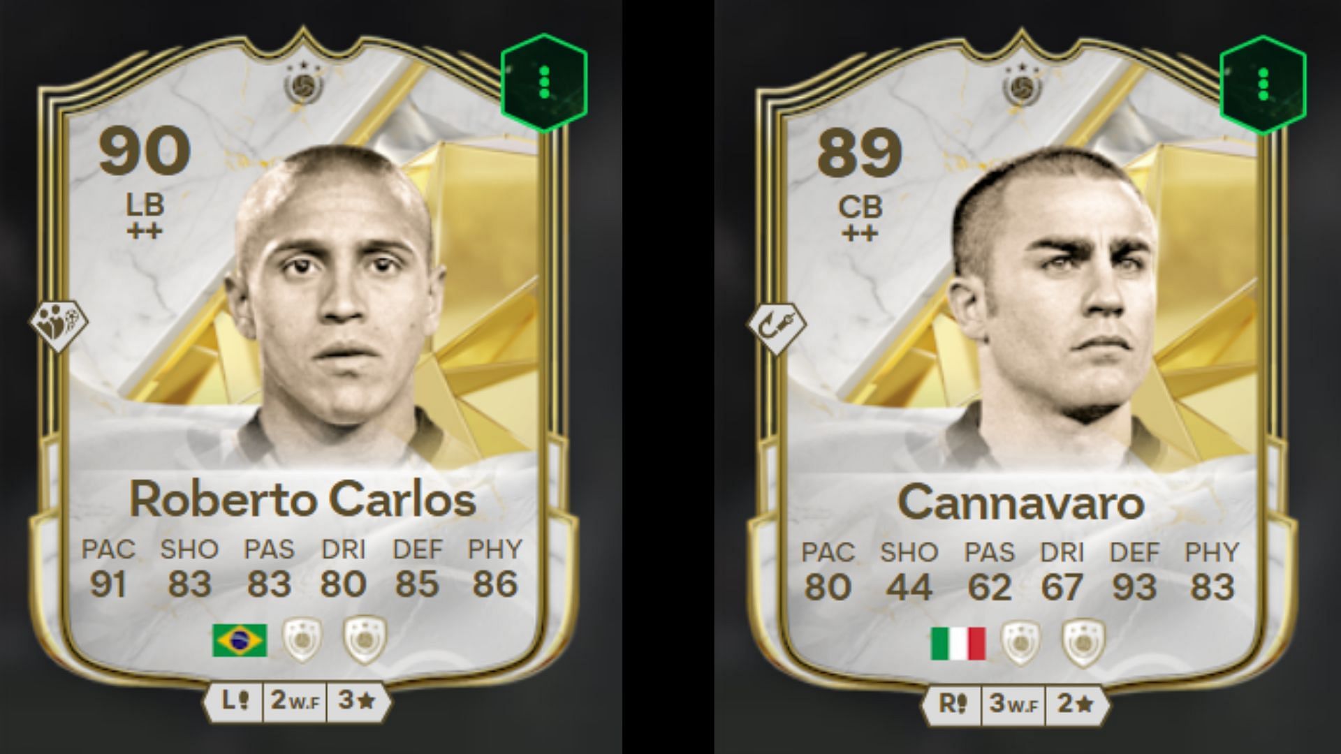 Roberto Carlos and Cannavaro&#039;s Icon cards (Images via FUTBIN || EA Sports)