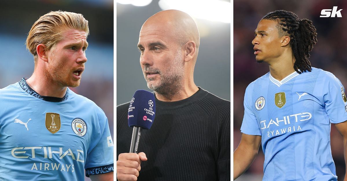 Pep Guardiola has given updates about Kevin de Bruyne (left) and Nathan Ake (right)