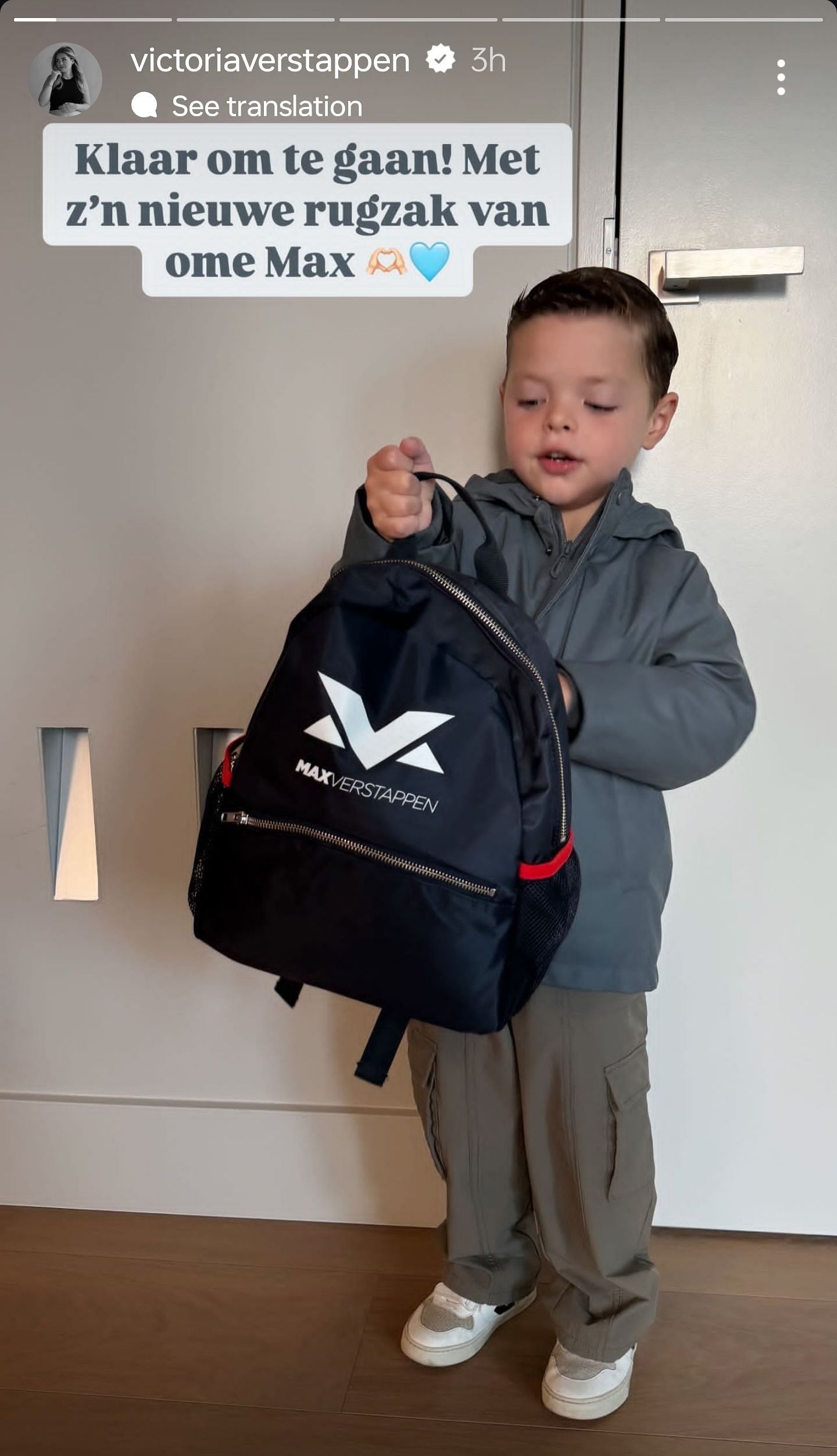 Victoria Verstappen&#039;s son Luca with Max Verstappen backpack. Credit: instagram.com/victoriaverstappen