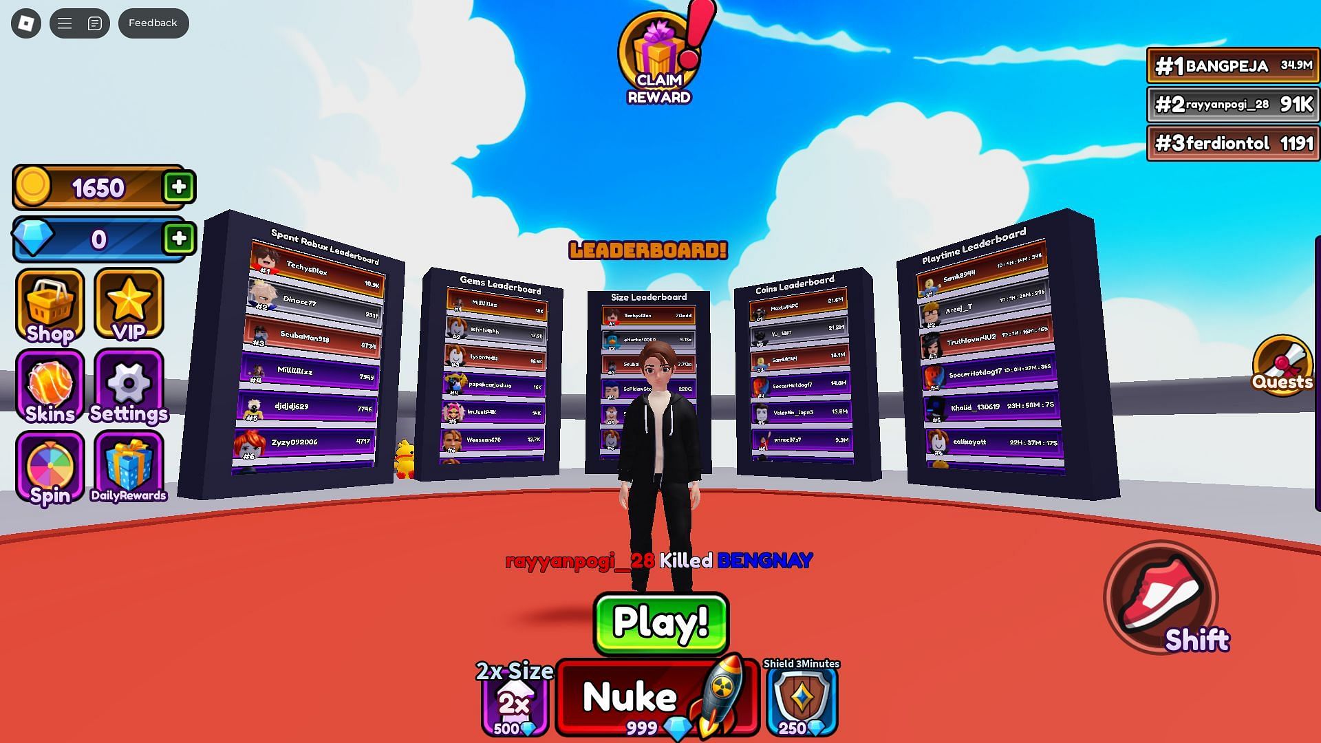 The server leaderboards in Be an Anime Orb (Image via Roblox)