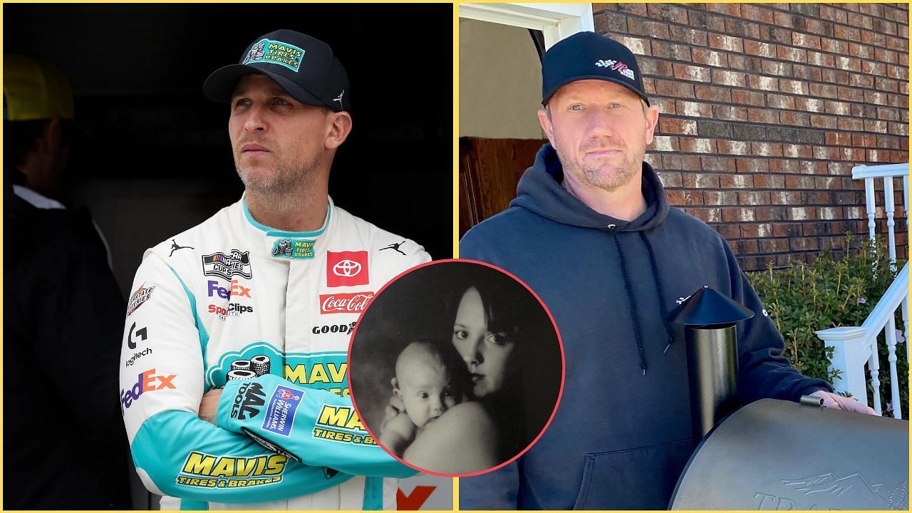 Denny Hamlin (L). Credit: Imagn. Chris Lambert (R) and Hailey and Austin Lambert (circle). Credit: x.com/3widemiddle