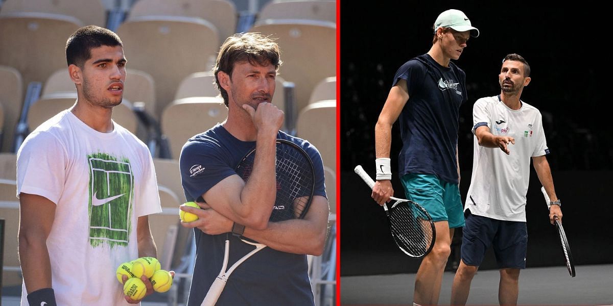 Juan Carlos Ferrero and Carlos Alcaraz (L), Jannik Sinner and Simone Vagnozzi (R) | Getty