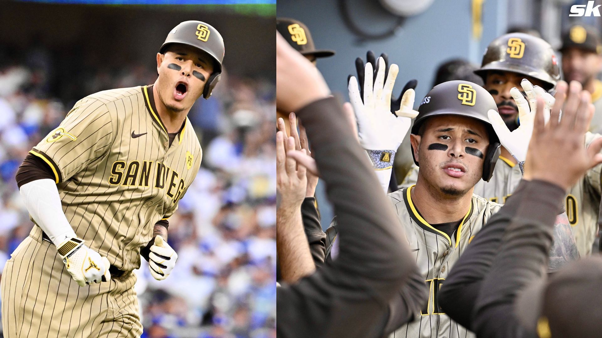 Manny Machado of the San Diego Padres reacts after hitting a three home run against the Los Angeles Dodgers in Game 1 of the NLDS