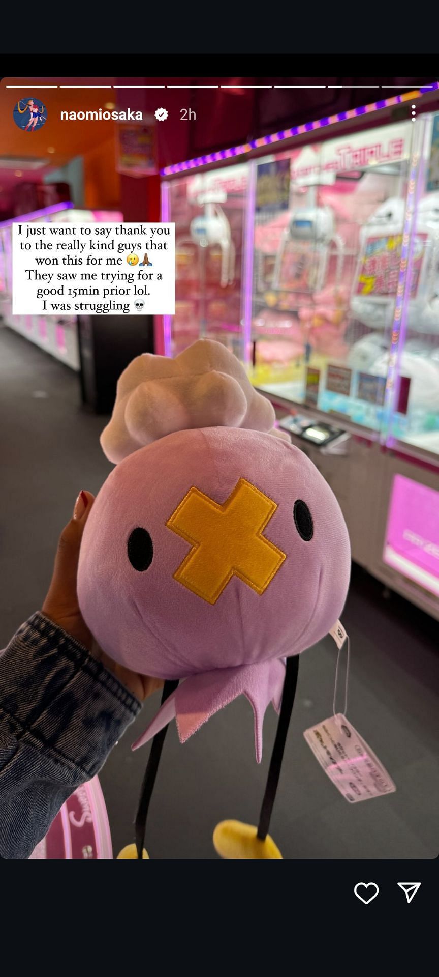 Osaka sends thankful message to &#039;kind&#039; fans who won her adorable plushie at Tokyo arcade