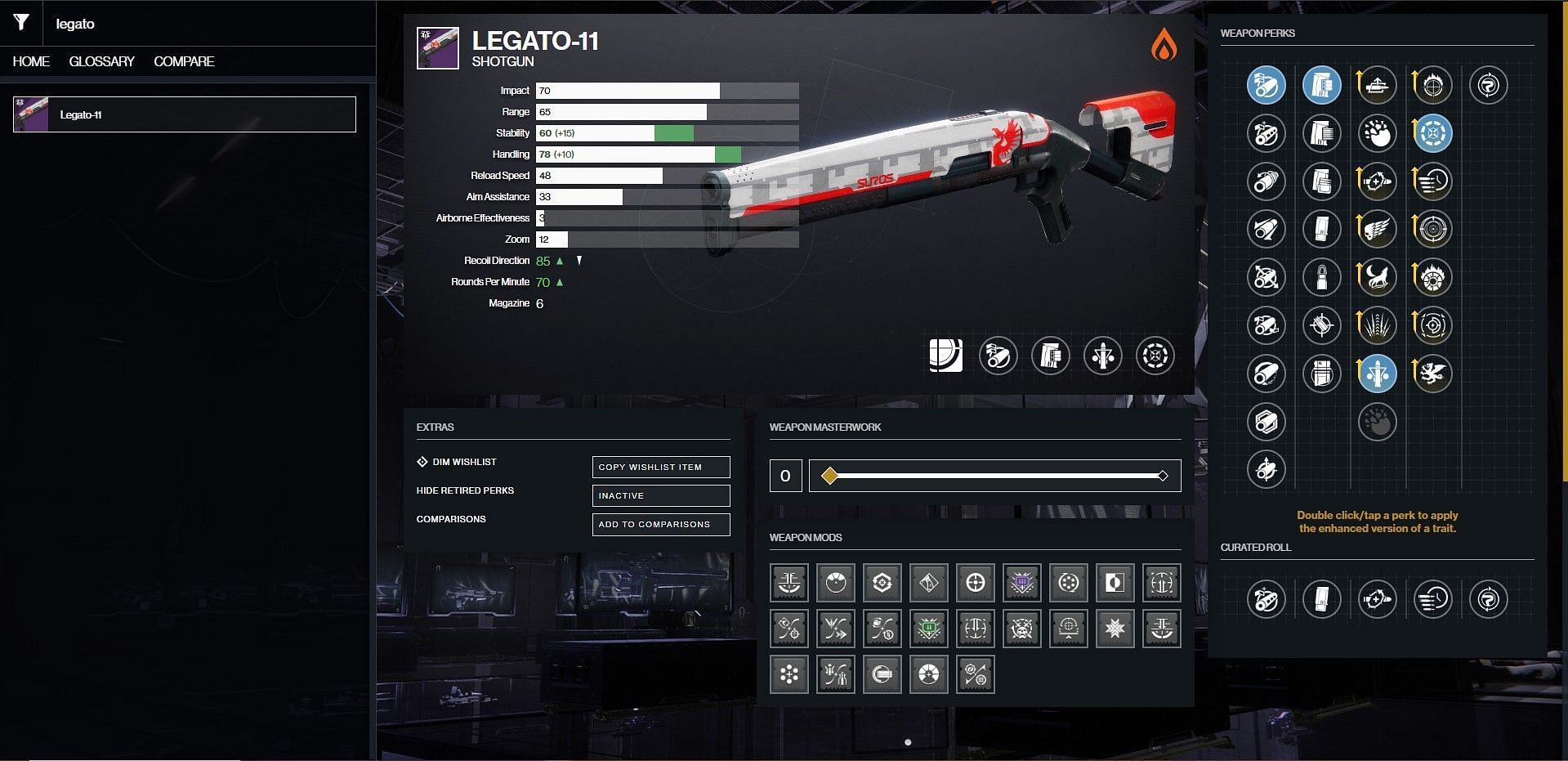 Legato-11 PvE god roll in Destiny 2 (Image via Bungie/D2Gunsmith)