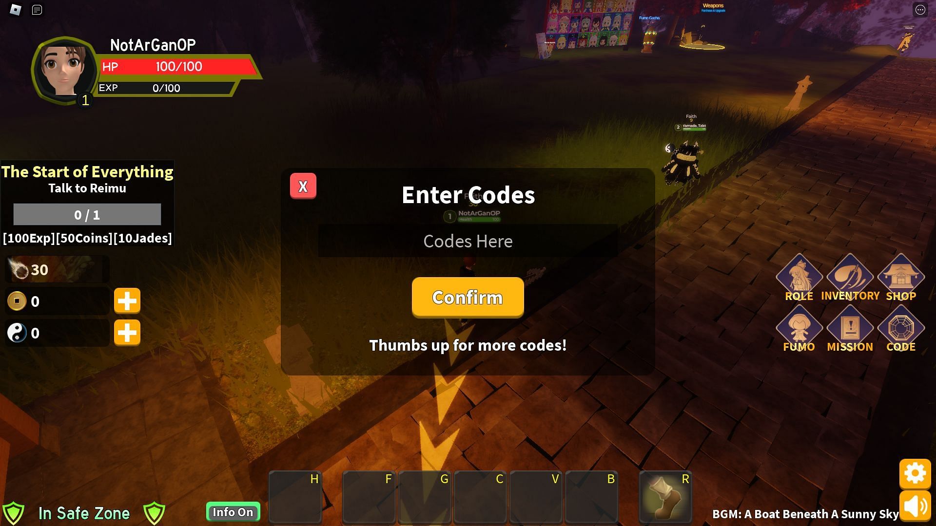 Redeem codes in Gensokyo Denetsu (Image via Roblox)