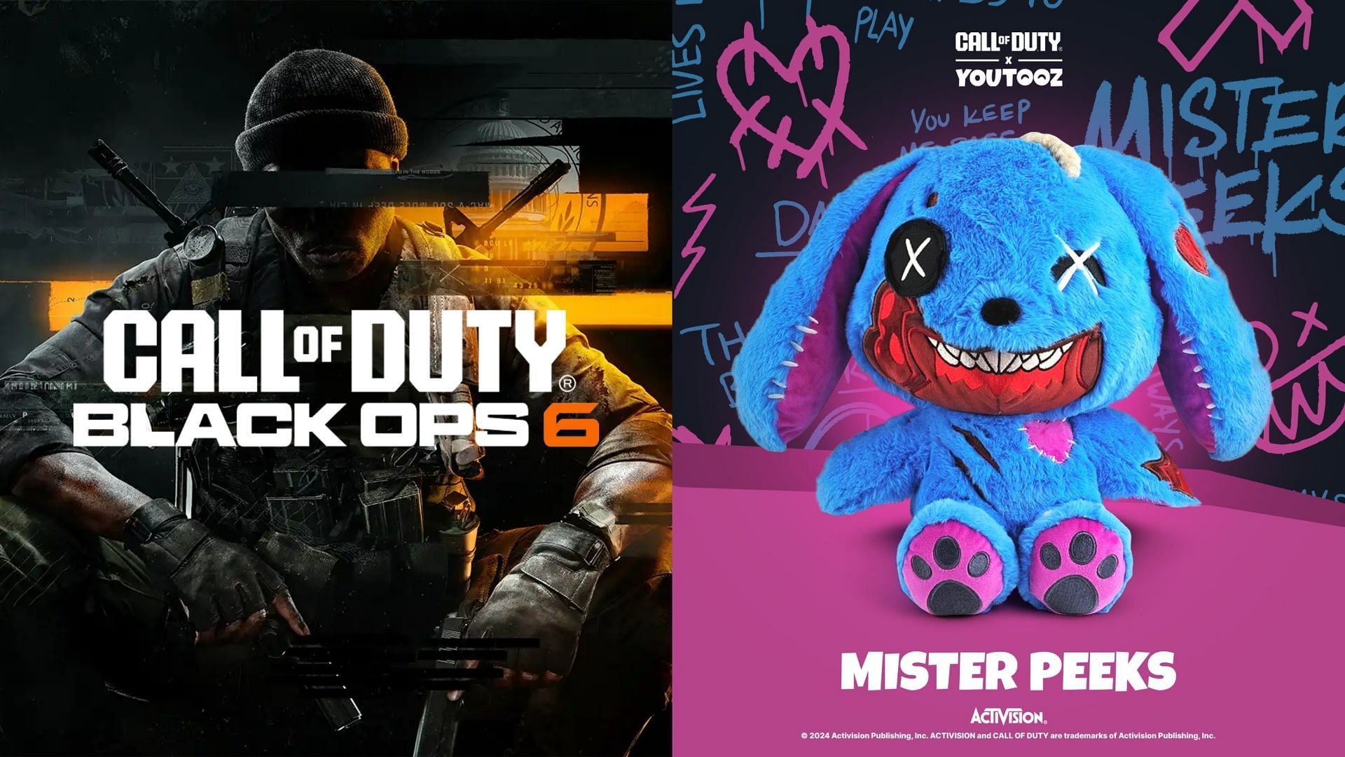 Black Ops 6 cover poster on the left and Mister Peeks figurine from YouTooz on the right