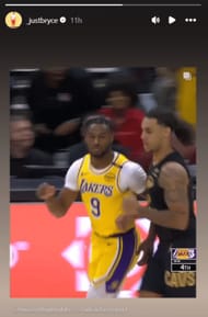 Bryce James reacts to Bronny's first field goal in the NBA (Source: Instagram/_justbryce)