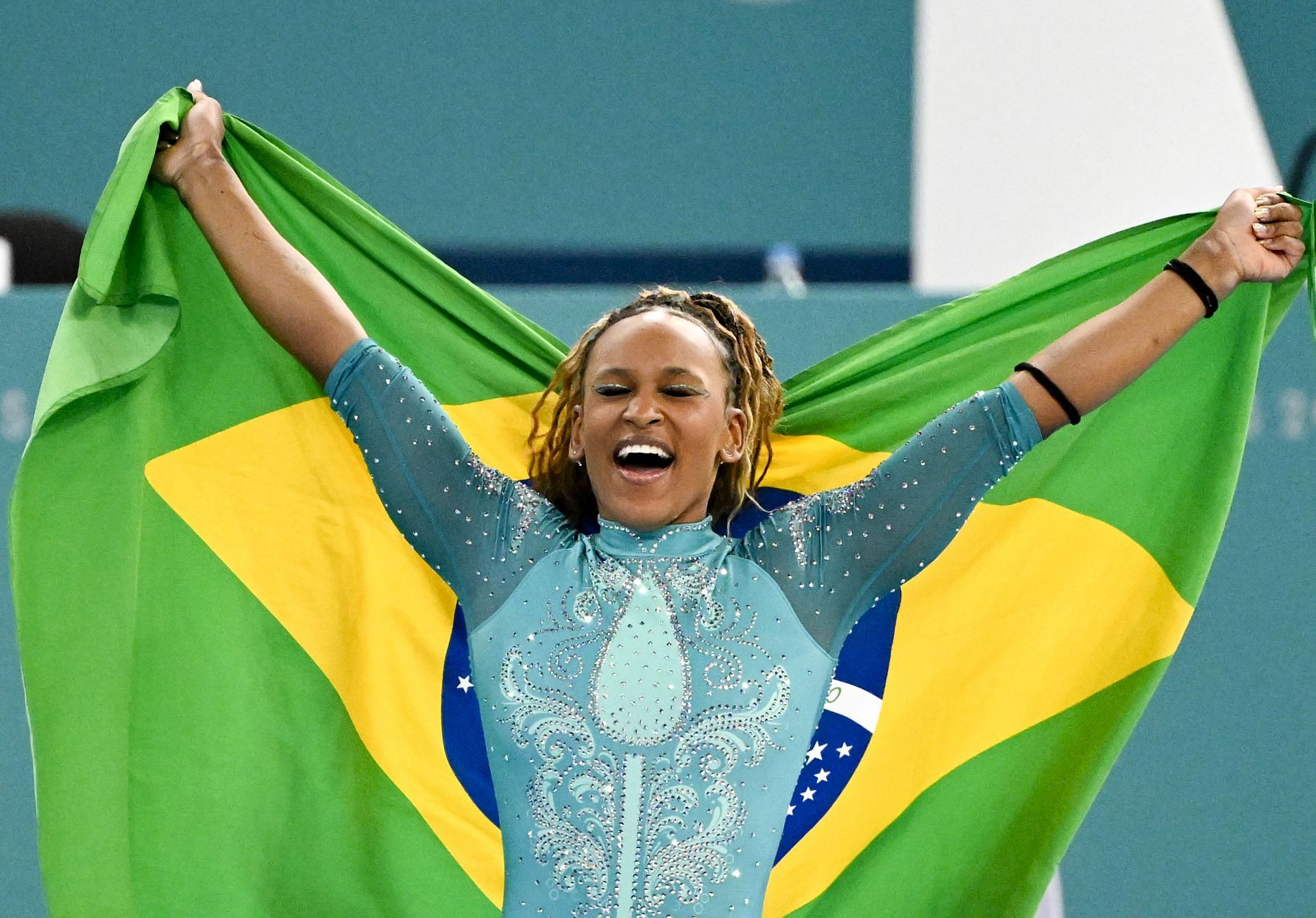 Rebeca Andrade of Team Brazil celebrates winning the Gold Medal in the Women&#039;s Floor Exercise Final at the Olympic Games 2024 at Bercy Arena in Paris, France | Getty Images