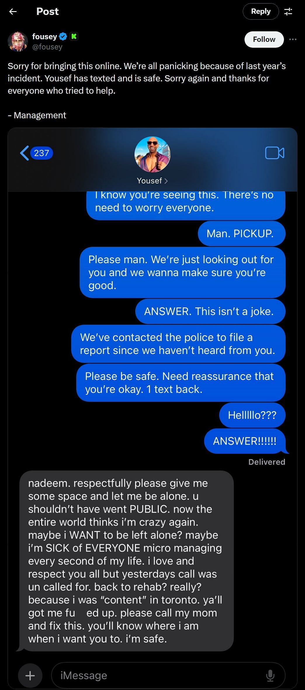 Streamer&#039;s text stating he is safe (Image via Fousey/X)