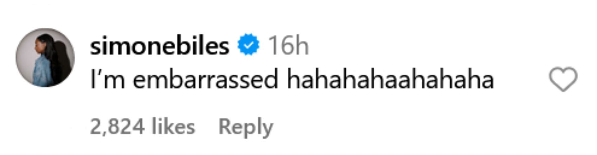 Screenshot of Biles&#039; comment on Instagram post by Ian Gunther. Credits - IG/ @iandgunther