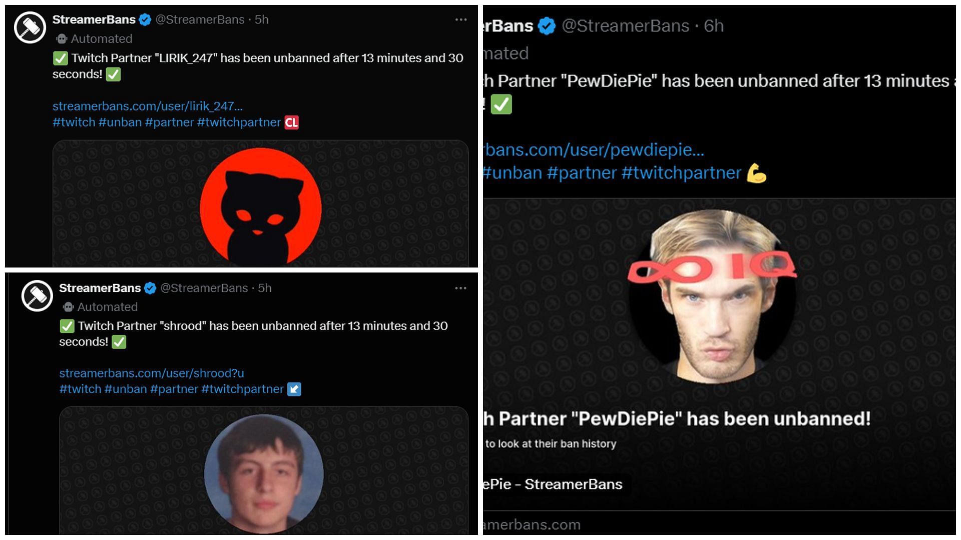 PewDiePie, Shroud, and Lirik were all banned and unbanned at the same time (Images via @StreamerBans/X)