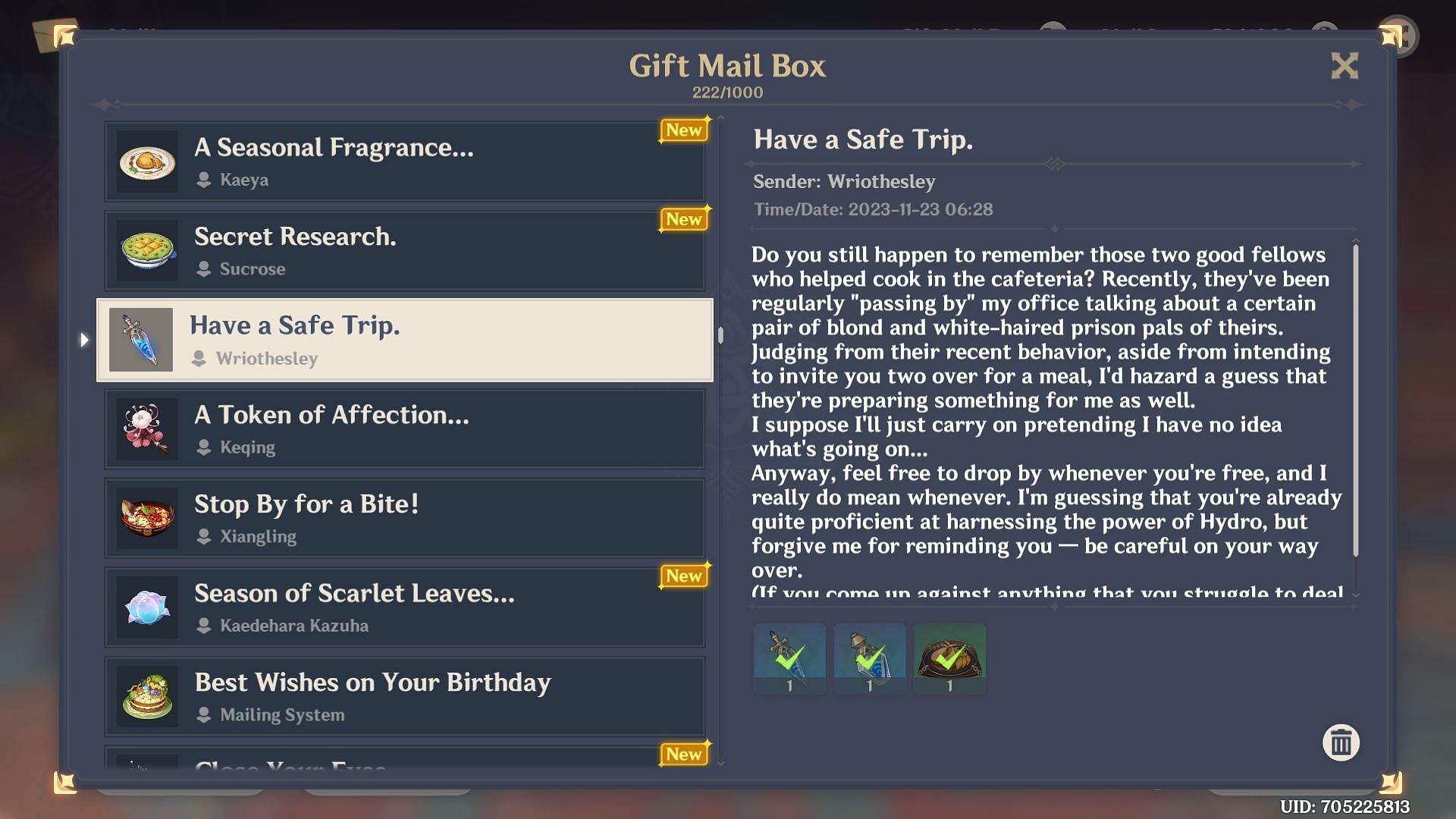 Wriothesley 2023 birthday mail (Image via HoYoverse)