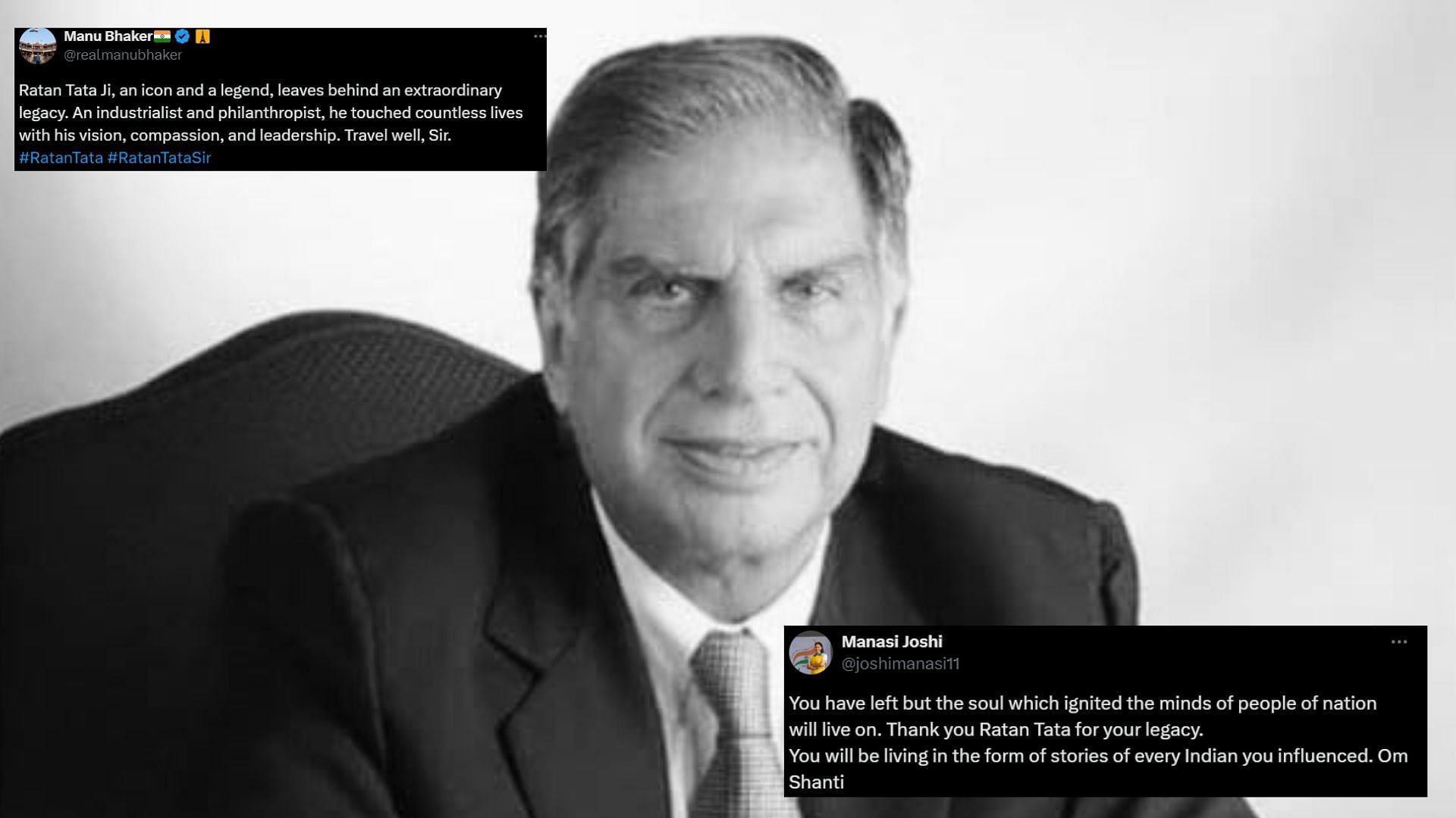 Indian sports athletes pay tribute to late Ratan Tata (Image Credits: Manu Bhaker/X, @realmanubhaker @joshimanasi11/X)