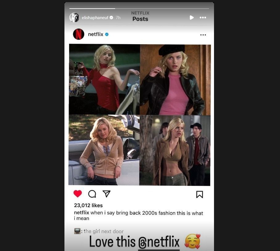 Dion Phaneuf's wife Elisha Cuthbert reacts in 2 words to Netflix's "bring back 2000s fashion" post