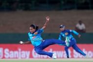 Inoshi Fernando taking a catch off her own bowling for Sri Lanka.