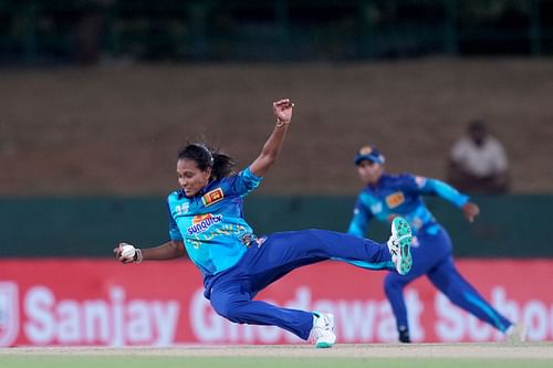 Inoshi Fernando taking a catch off her own bowling for Sri Lanka.