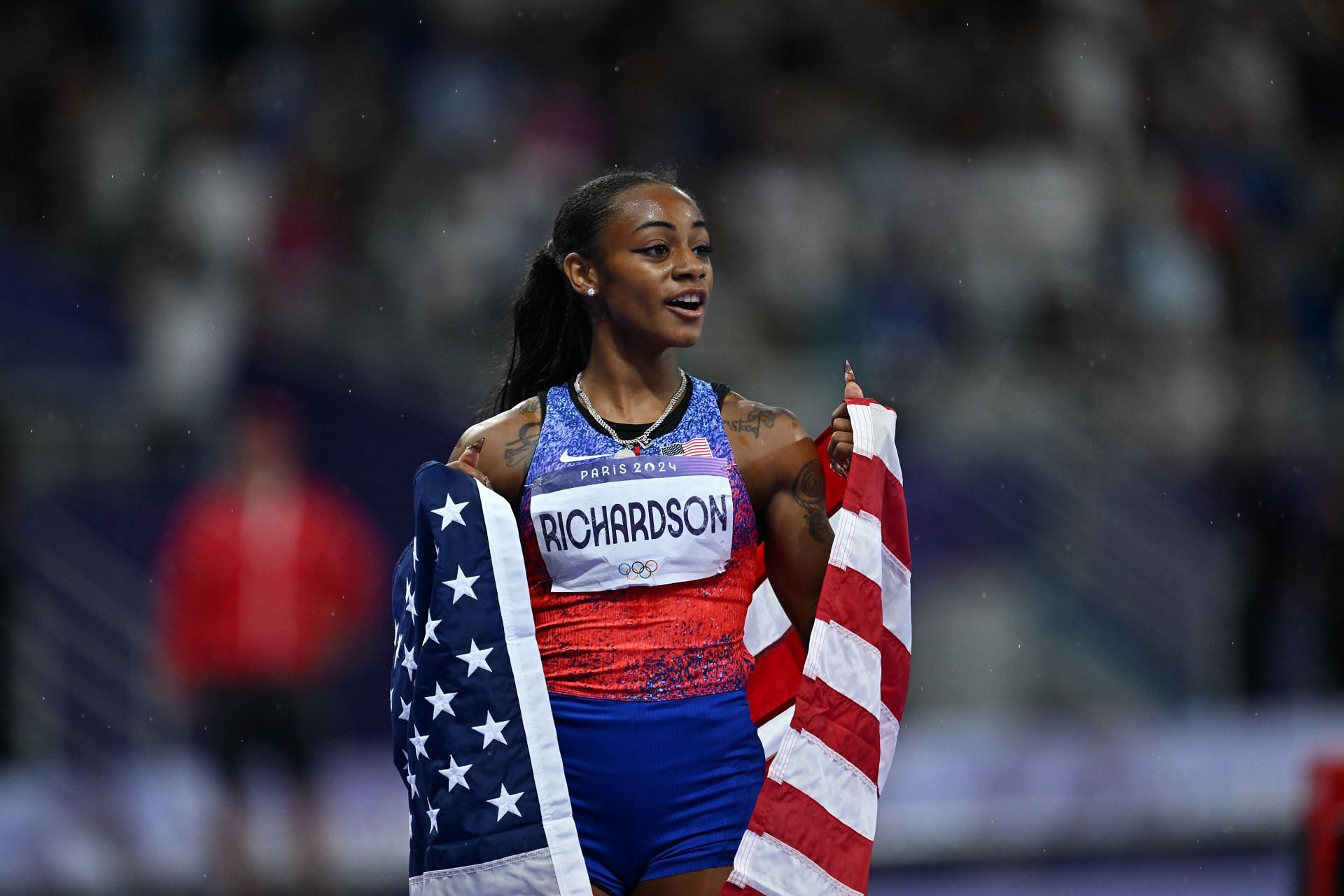 Richardson after a silver medal in the Women&#039;s 100m finals of Paris Olympics (Image via Getty)