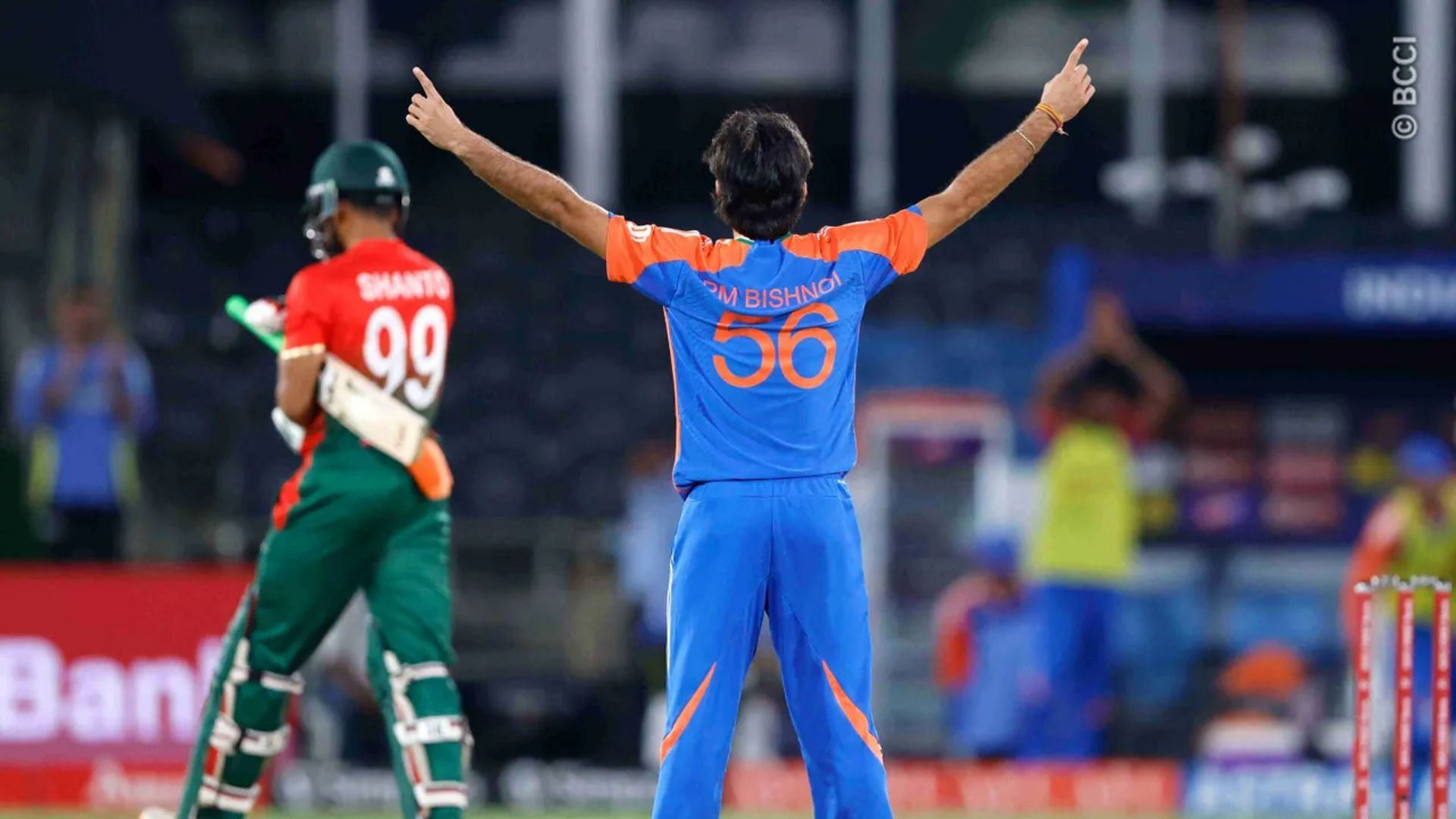 Ravi Bishnoi celebrates after dismissing Najmul Hossain Shanto (Image credits: BCCI)