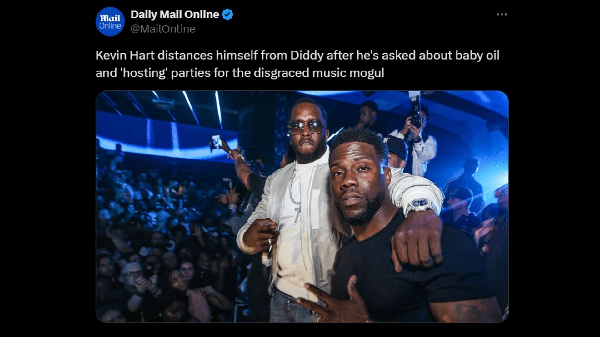 The news clipping of Kevin Hart refusing to answer questions about Sean Combs. (Image via X/ MailOnline)