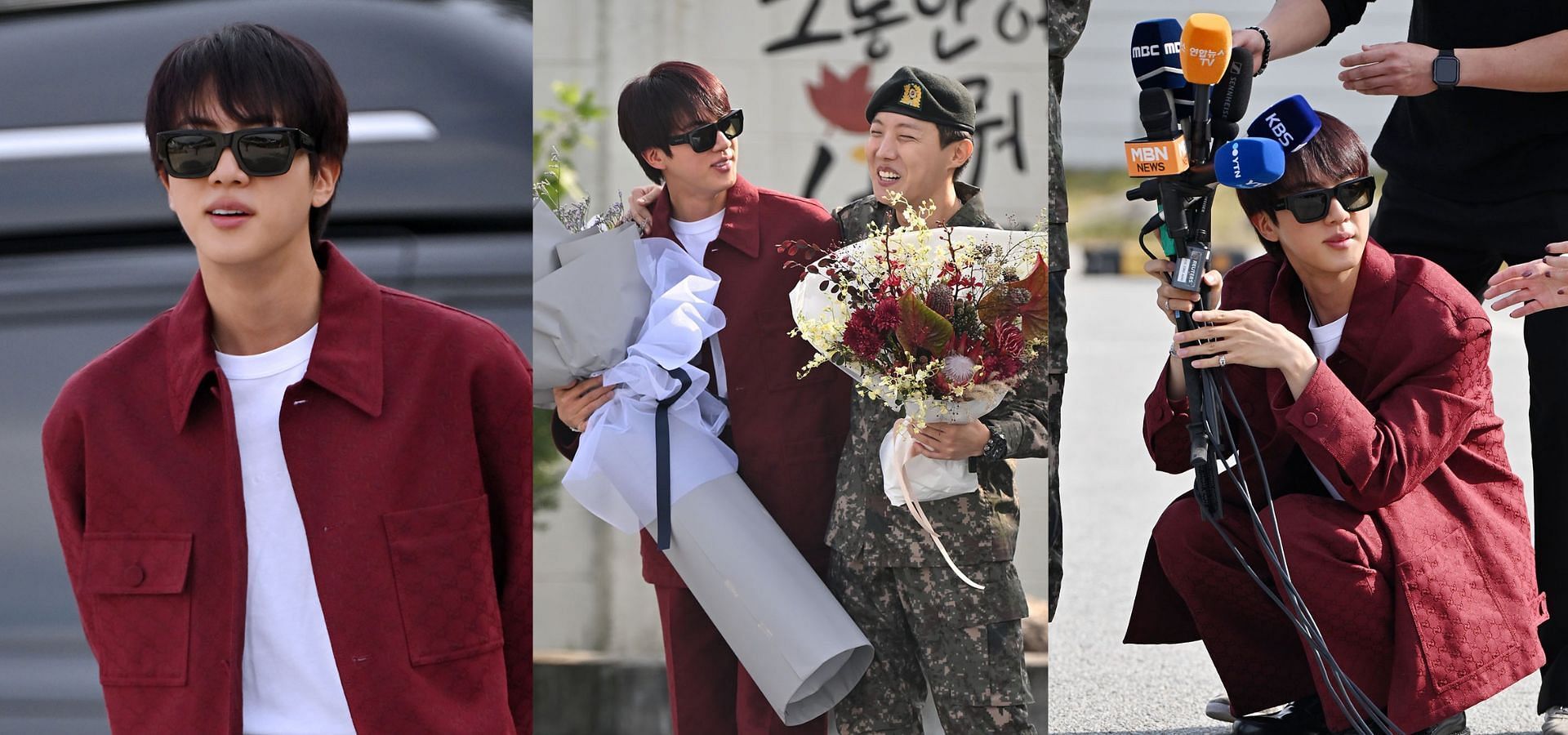 BTS&rsquo; Jin debuting a burgundy hair color at j-hope&rsquo;s military discharge. (Images via YouTube/Korea Dispatch)