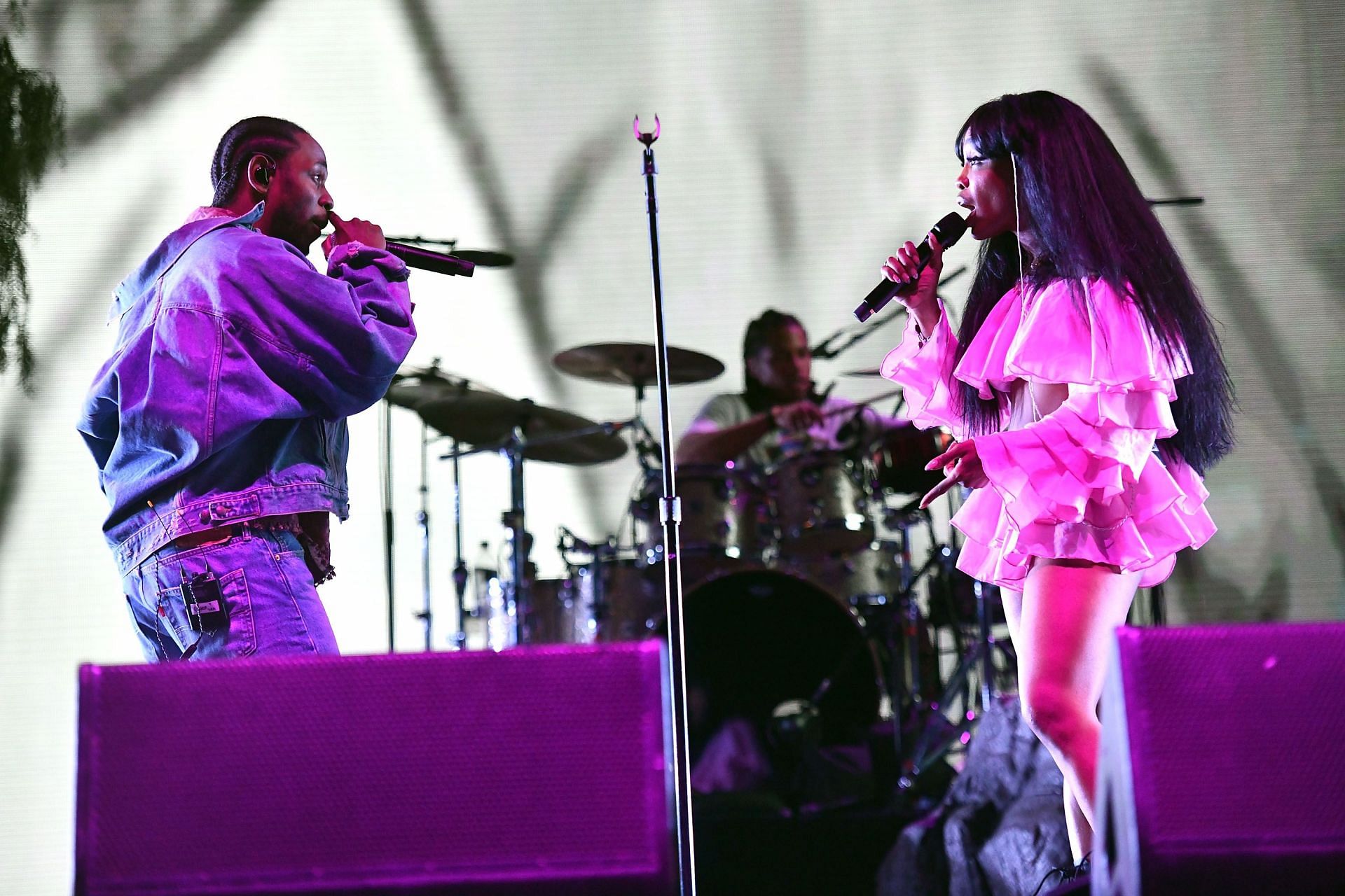 Rappers Kendrick Lamar (L) and SZA (R) perform together on day 1 of the Coachella Valley Music And Arts Festival on April 13, 2018, in Indio, California. (Photo by Scott Dudelson/Getty Images)