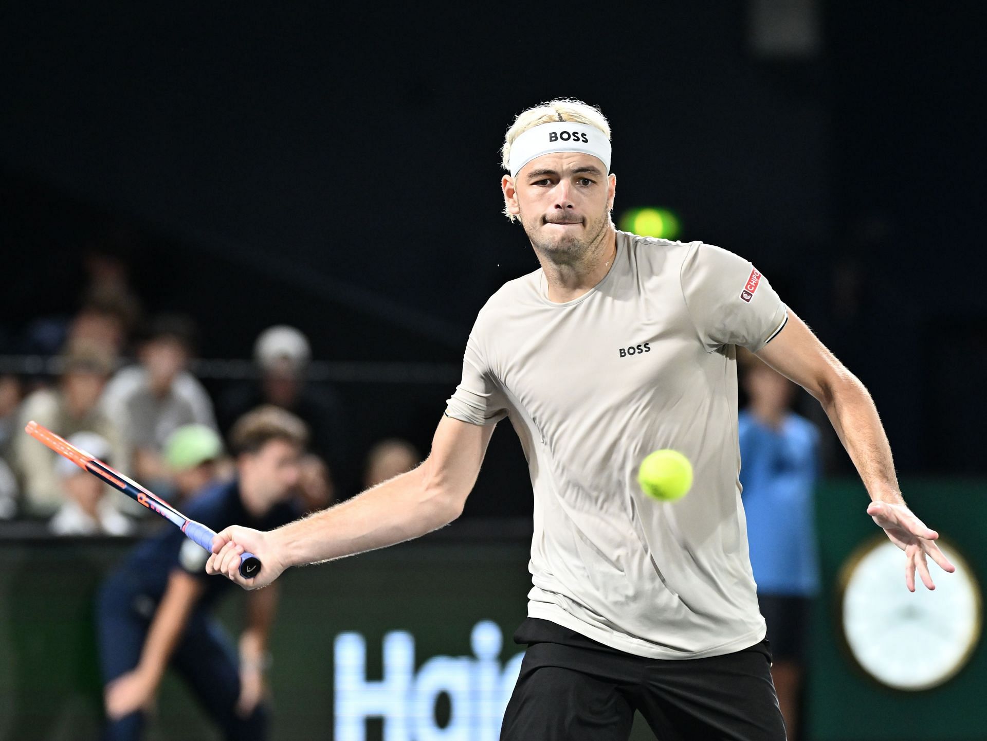 Taylor Fritz plays a forehand at the 2024 Rolex Paris Masters (Source: Getty)