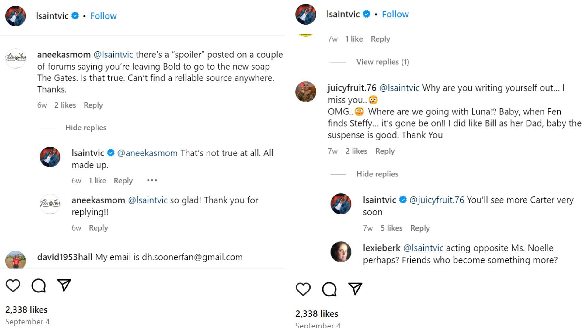 Lawrence negates departure from B&amp;B claiming the rumors to be untrue (Image via Instagram/lsaintvic)