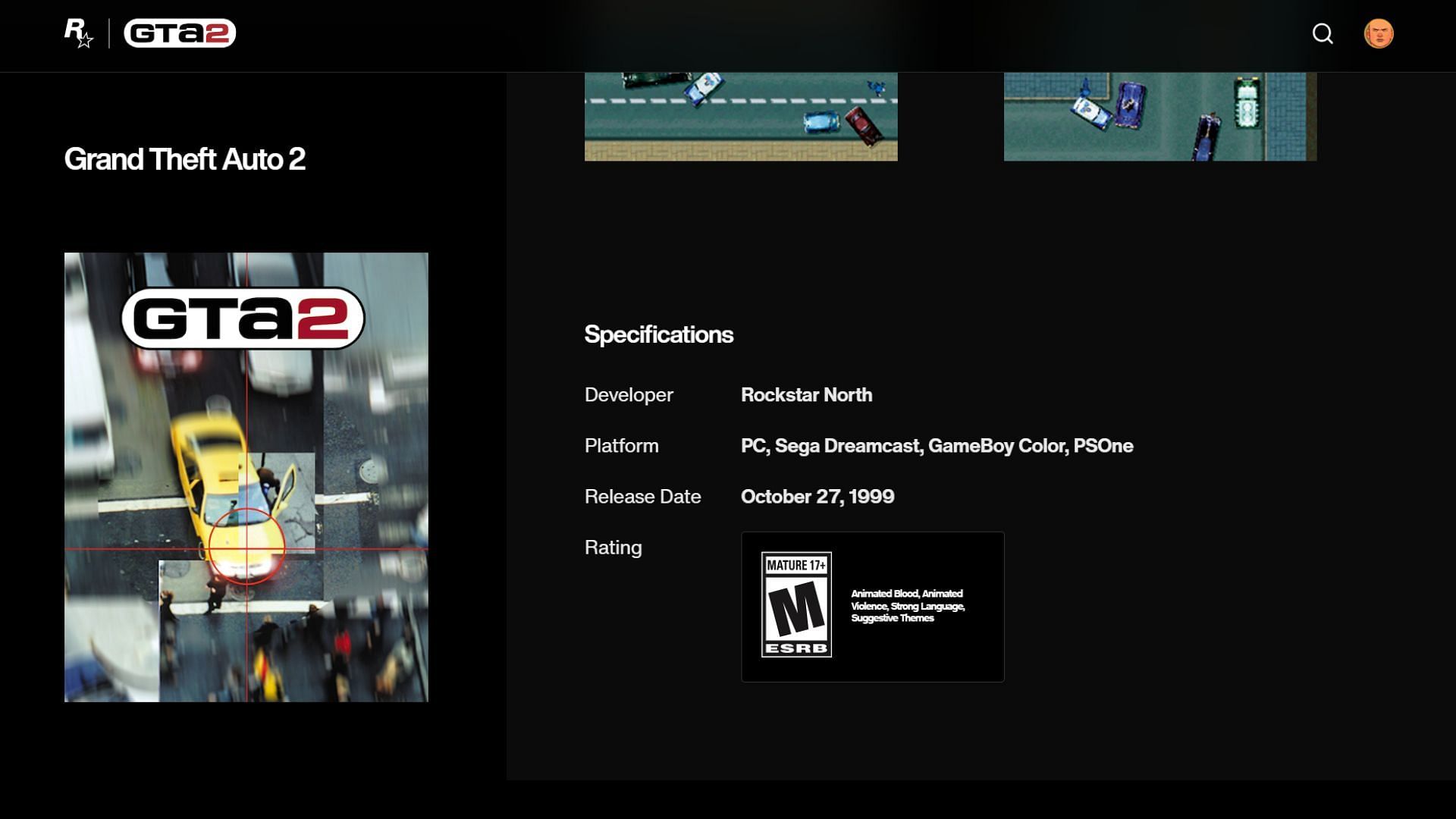 Grand Theft Auto 2&rsquo;s rating as shown on its official website (Image via Rockstar Games)