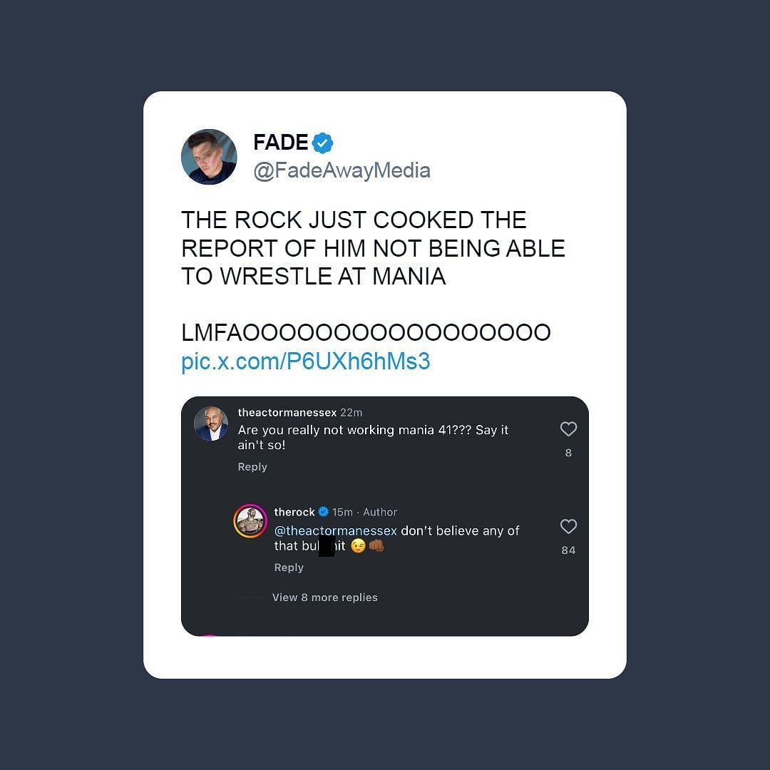 Screenshot of The Rock&#039;s reply to online speculation (Credit: @FadeAwayMedia on X)