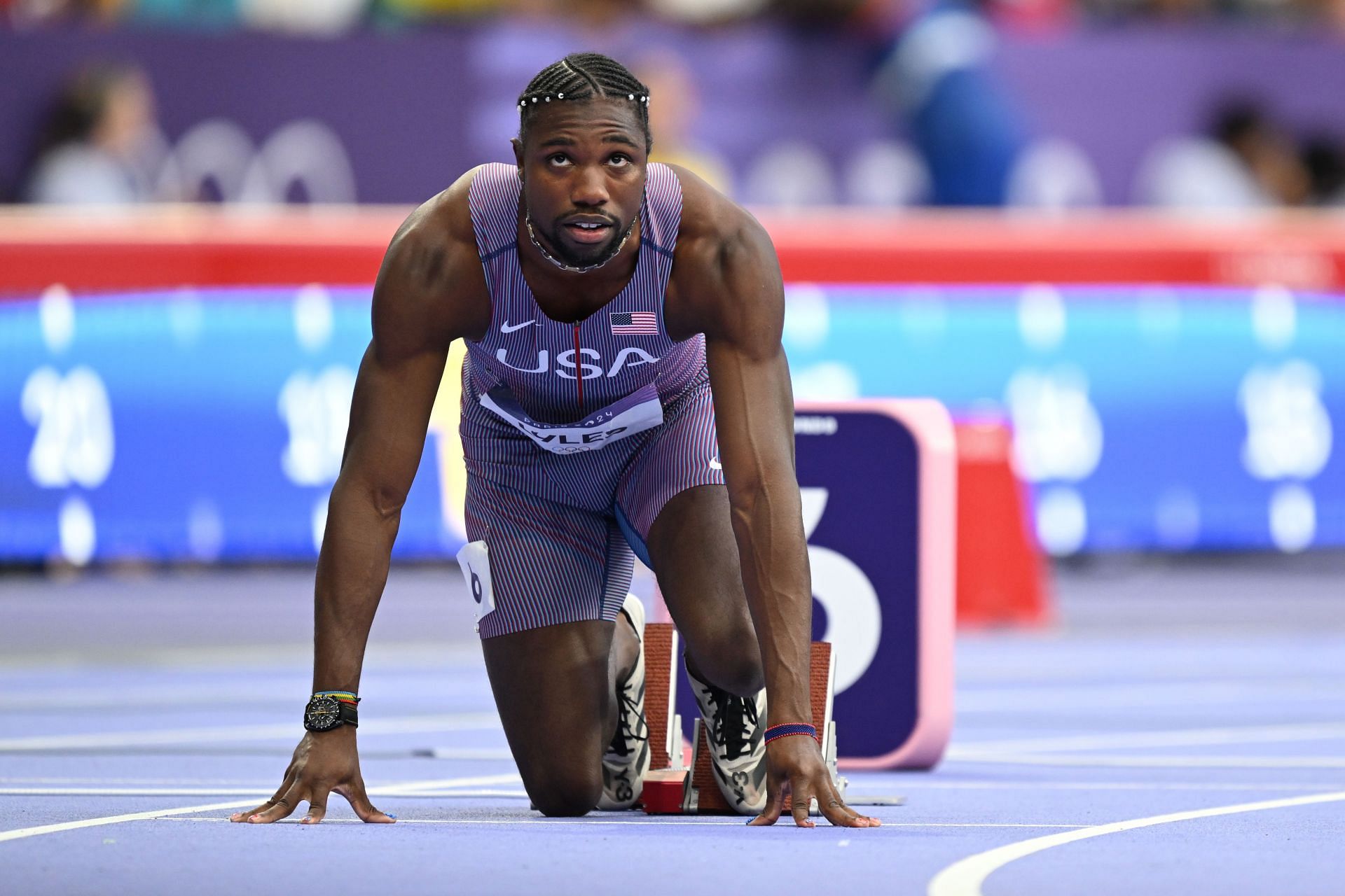 Lyles at the Stade de France during the Men&#039;s 200m event of 2024 Paris Olympics (Image via Getty Images)