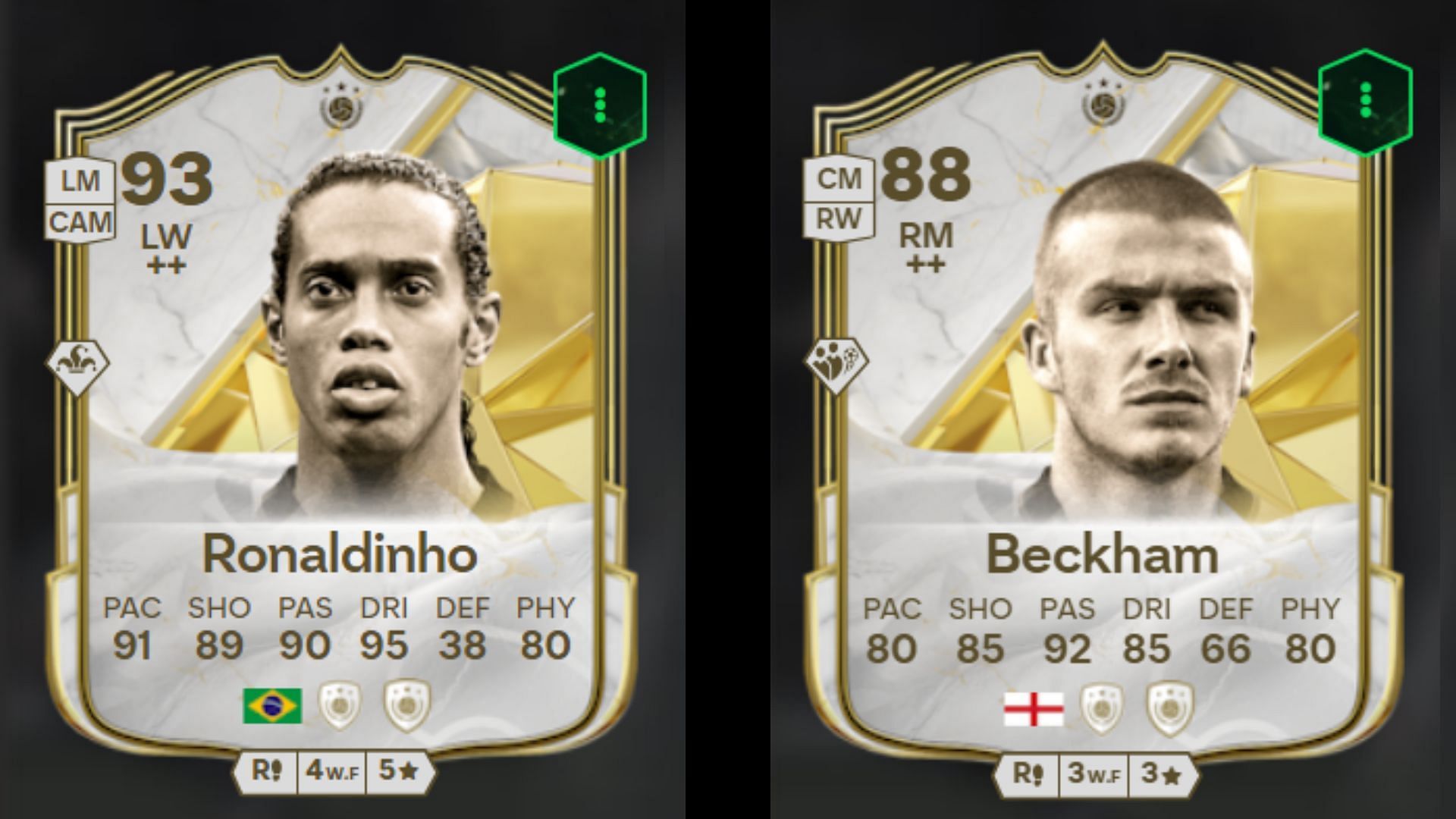 Ronaldinho and Beckham&#039;s Icon cards (Images via FUTBIN || EA Sports)