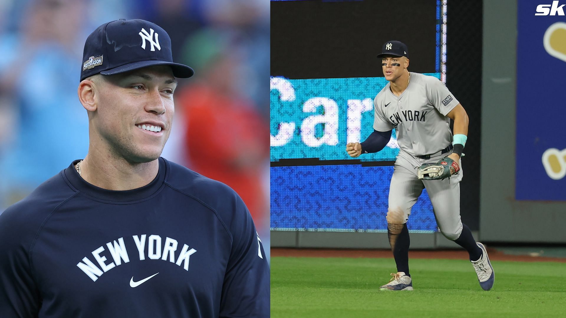  New York Yankees outfielder Aaron Judge (99) smiles during batting practice before game 4 of the ALDS between the New York Yankees and Kansas City Royals (Source: Getty)