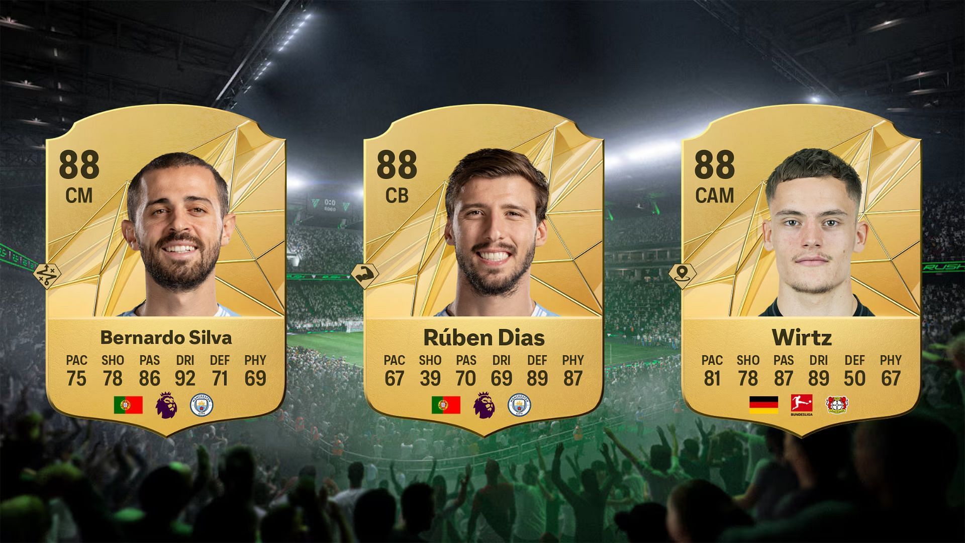 Bernardo Silva, Ruben Dias, and Florian Wirtz's FC 25 cards (Images via EA Sports)