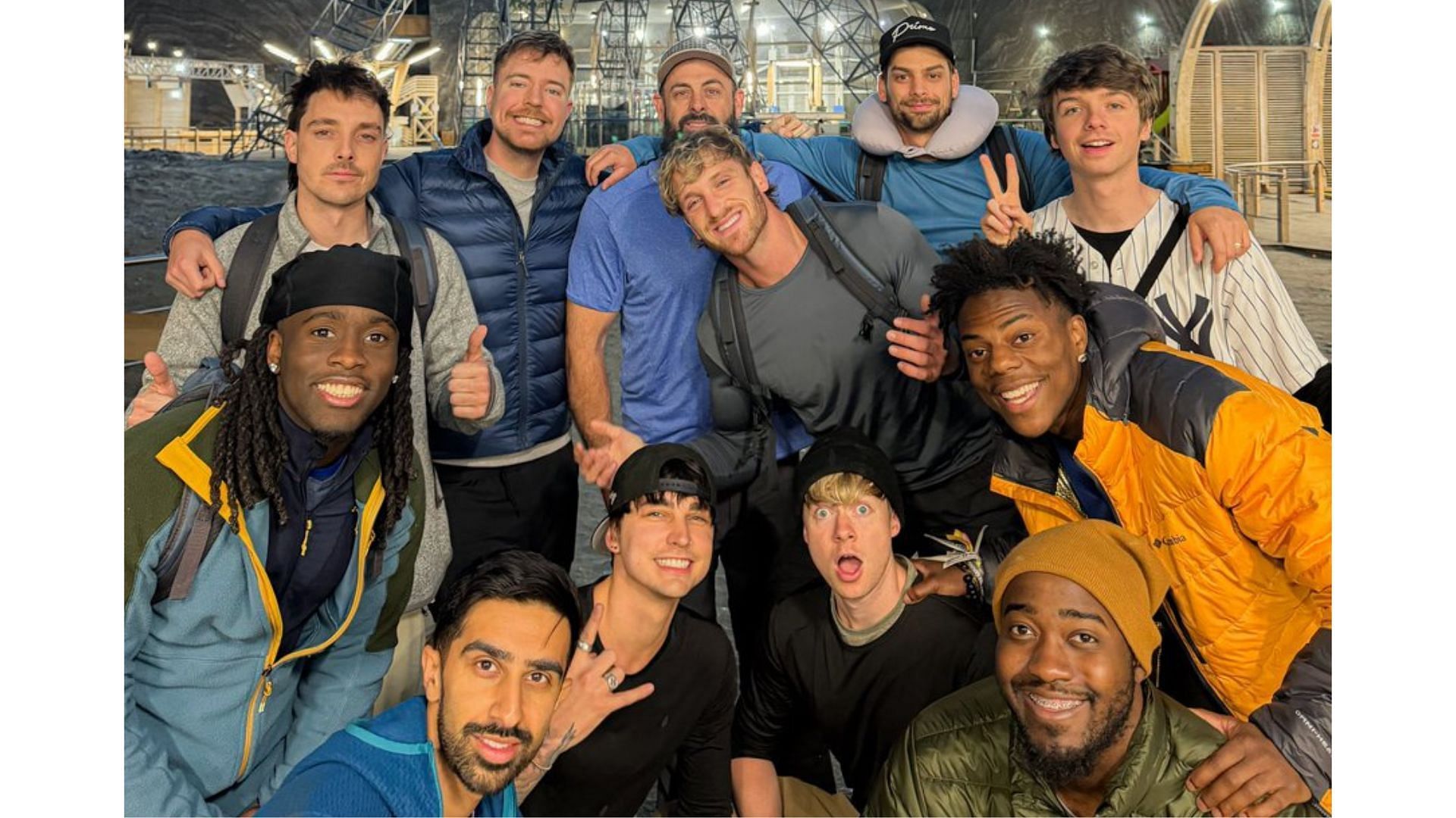 Jimmy posted this group image of Logan Paul, Vikkstar, Kai Cenat, IShowSpeed and more on his X page (Images via @MrBeast/Instagram)