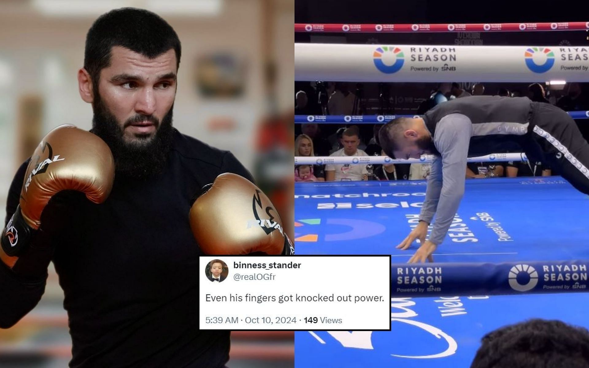 Fans react (insert) to Artur Beterbiev (left) and his insane workout (right). [Image credit: @arturbeterbiev on Instagram, @MichaelBensonn on X]