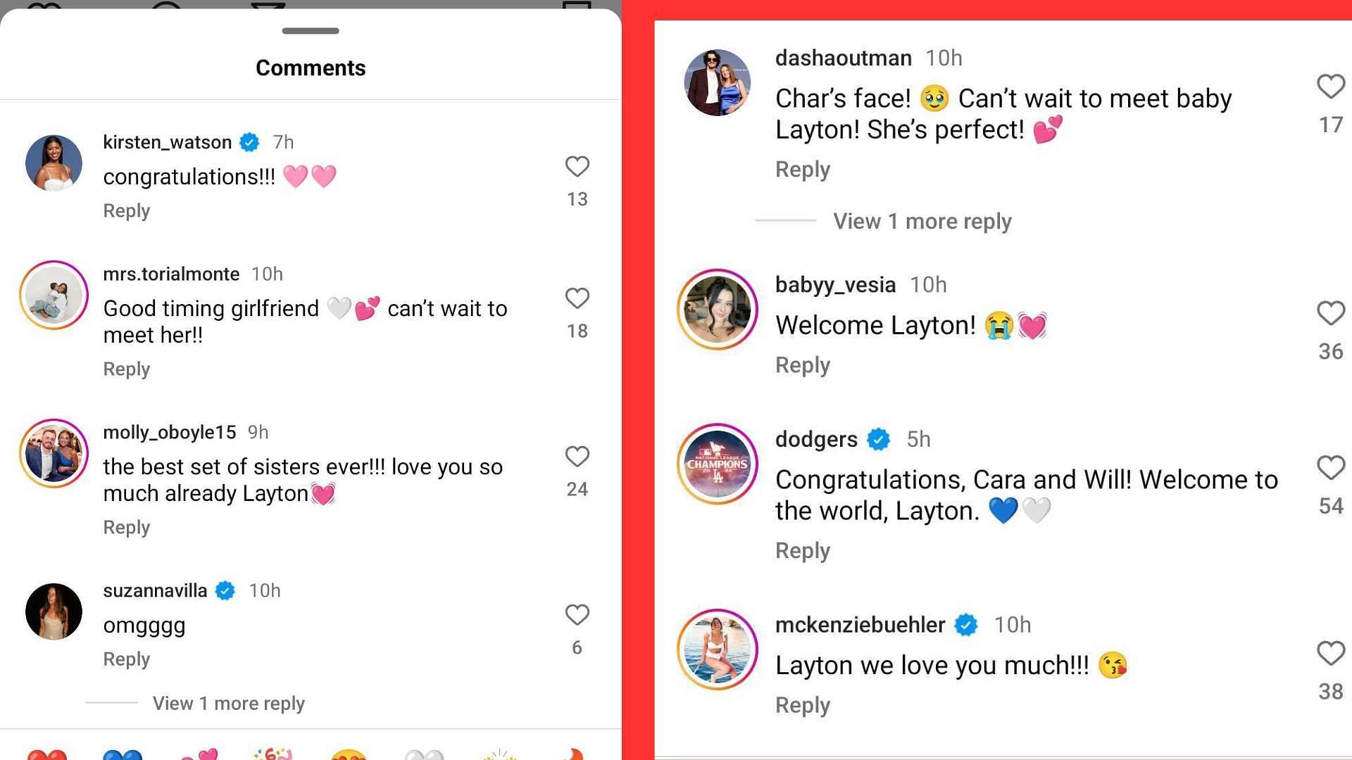 More comments, including those from Kayla Vesia and McKenzie Buehler (Instagram/caramartinellsmith)