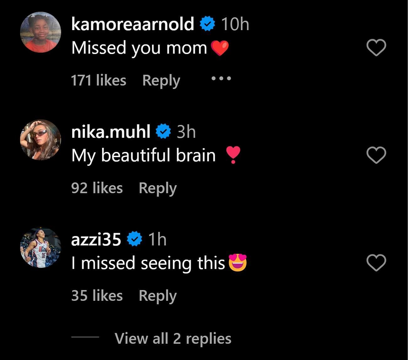 UConn players commented on Caroline's IG post