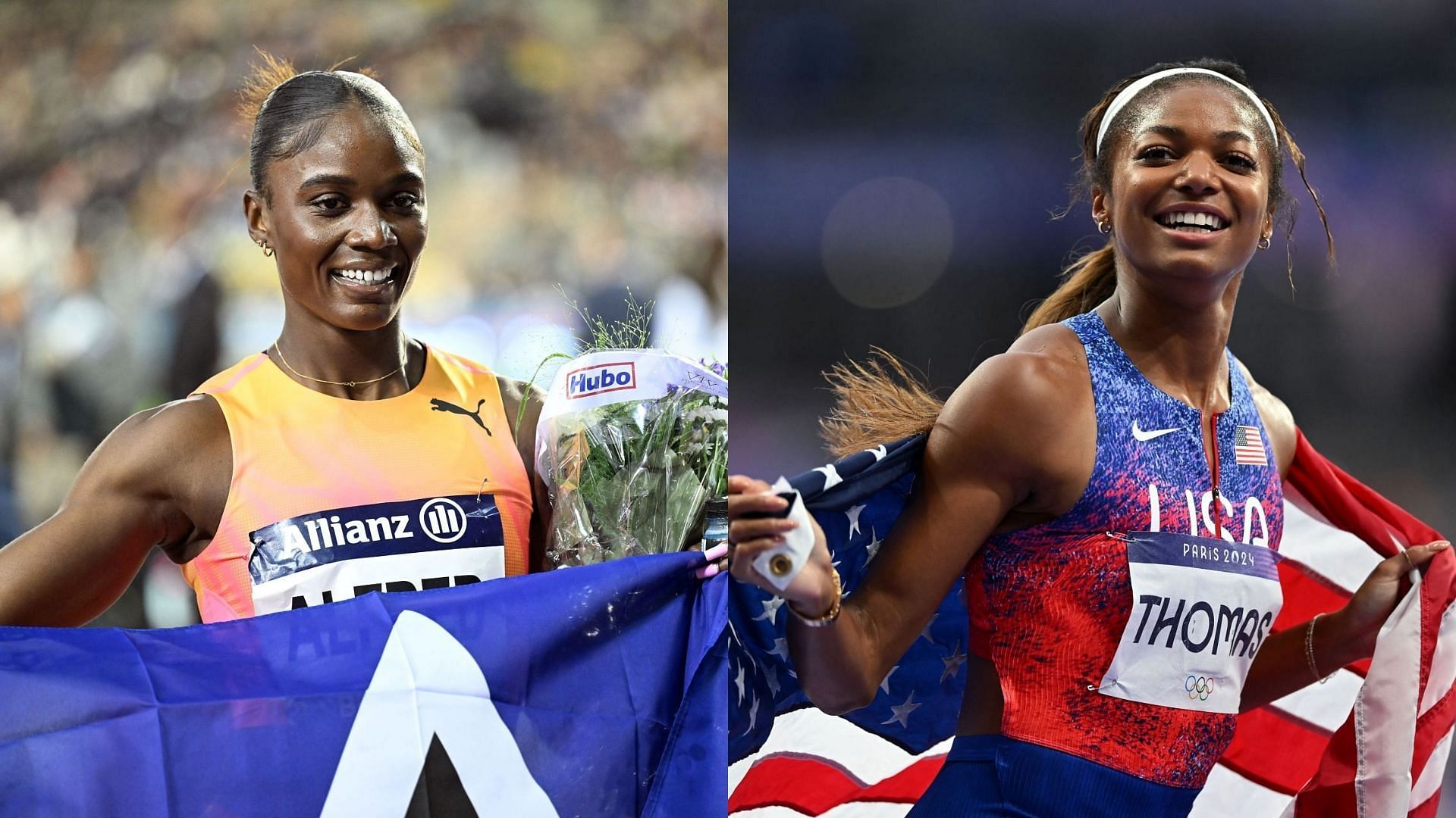 Julien Alfred discusses her 200m finals against Gabby Thomas (Images: All via Getty)