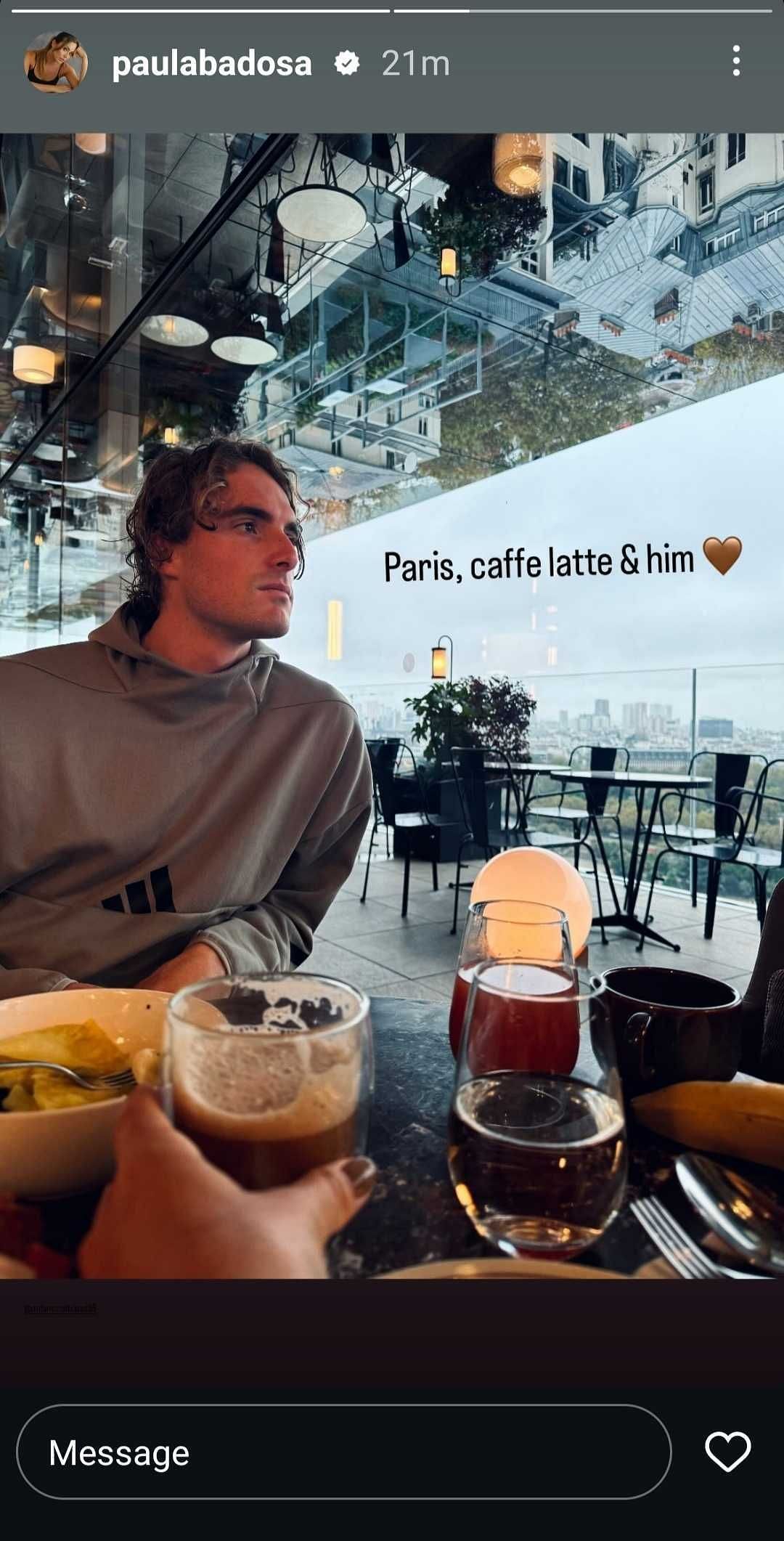 Paula Badosa&#039;s Instagram Story featuring Stefanos Tsitsipas in a Parisian cafe (Source: Instagram/Paula Badosa)