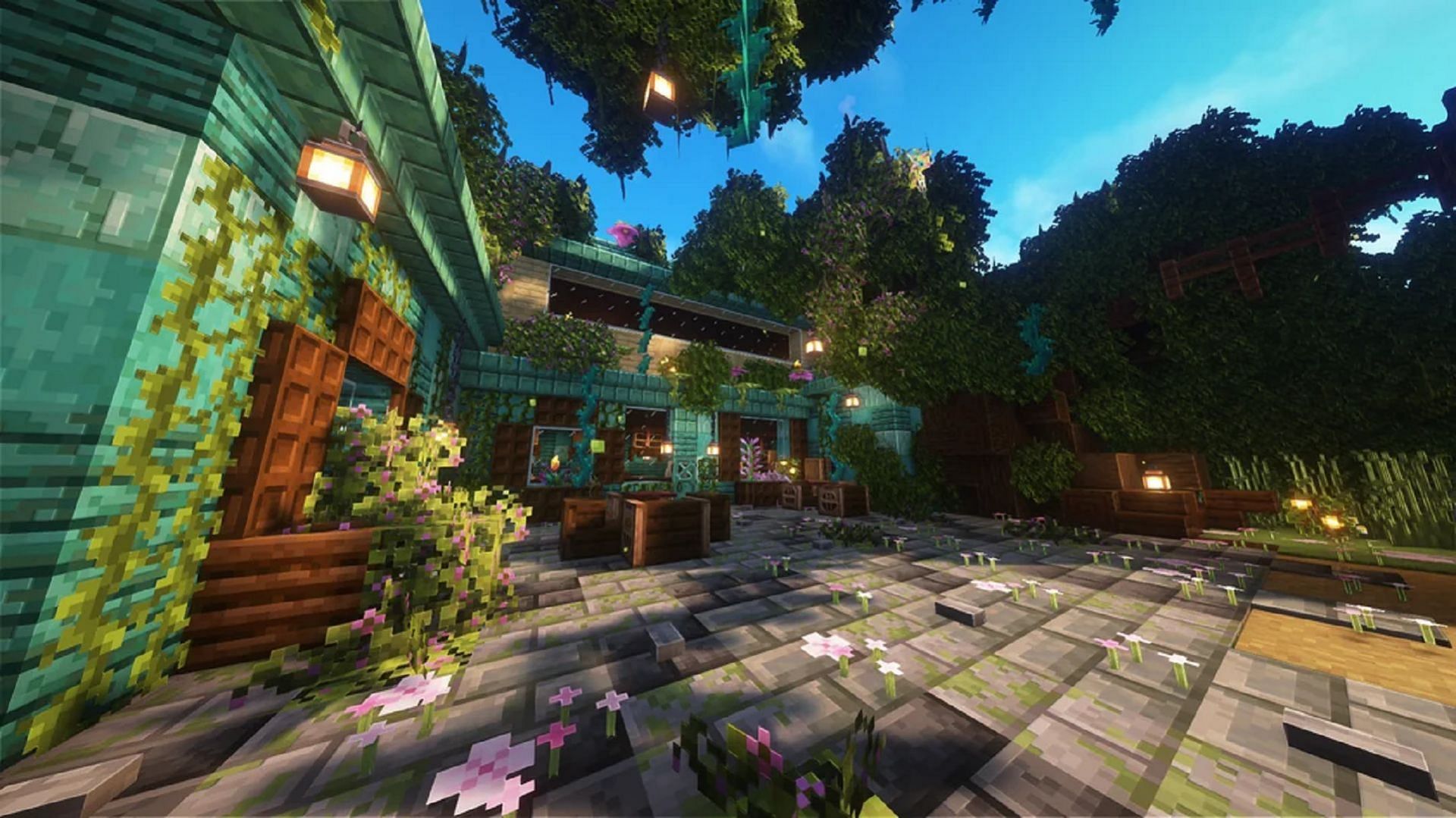 This Minecraft cafe design is perfect for fans who love greenery (Image via u/CRY5TALAKE/Reddit)