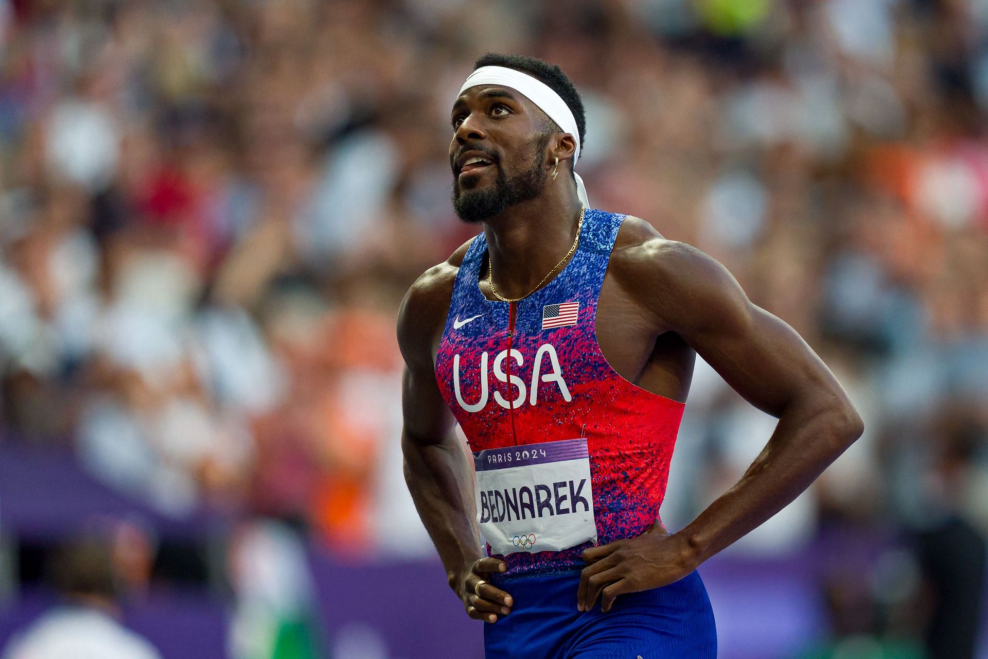 Kenny Bednarek at Paris Olympics. (Photo via Getty Images)