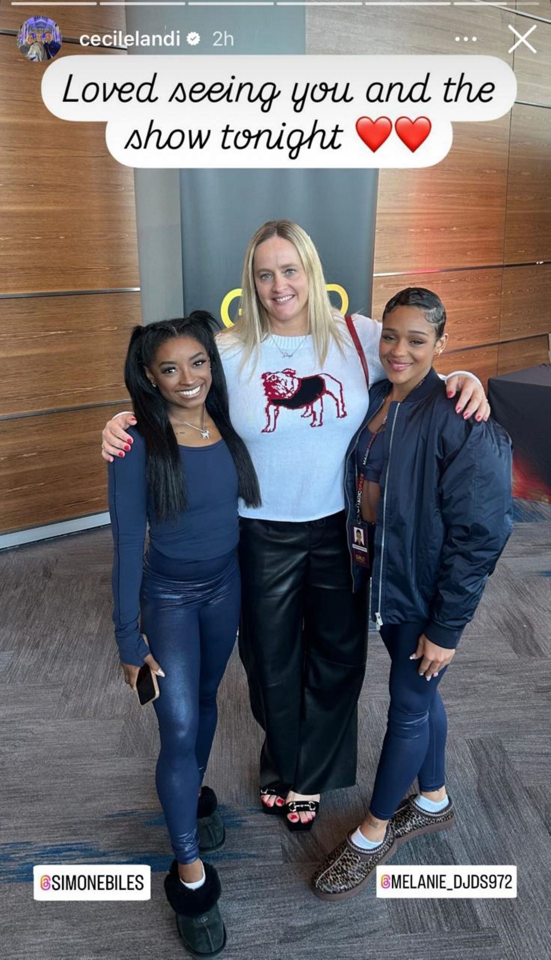 Cecile Landi, Simone Biles and Melanie Dos Santos; Instagram - @cecilelandi