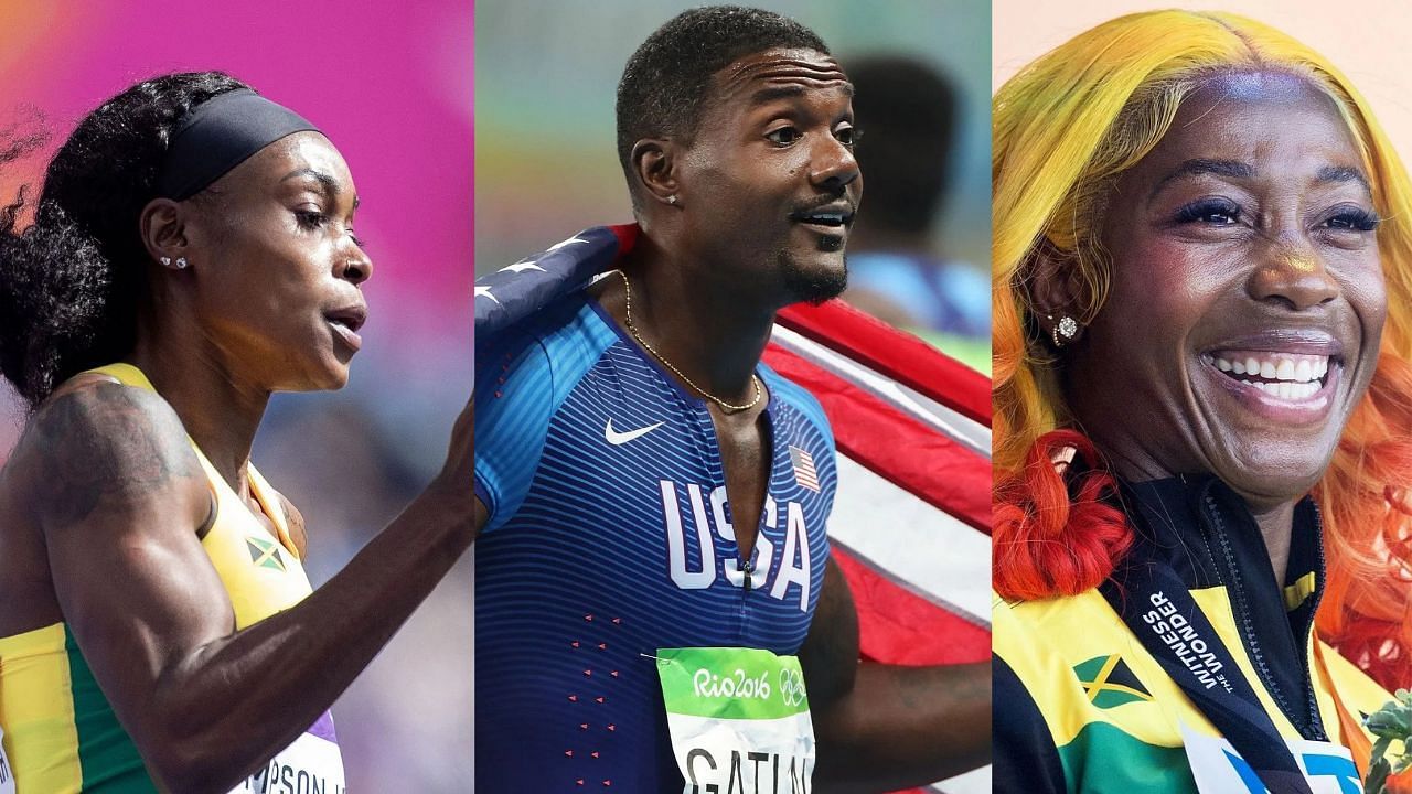 Elaine Thompson-Herah, Justin Gatlin, and Shelly-Ann Fraser-Pryce (Images via: All three Getty)