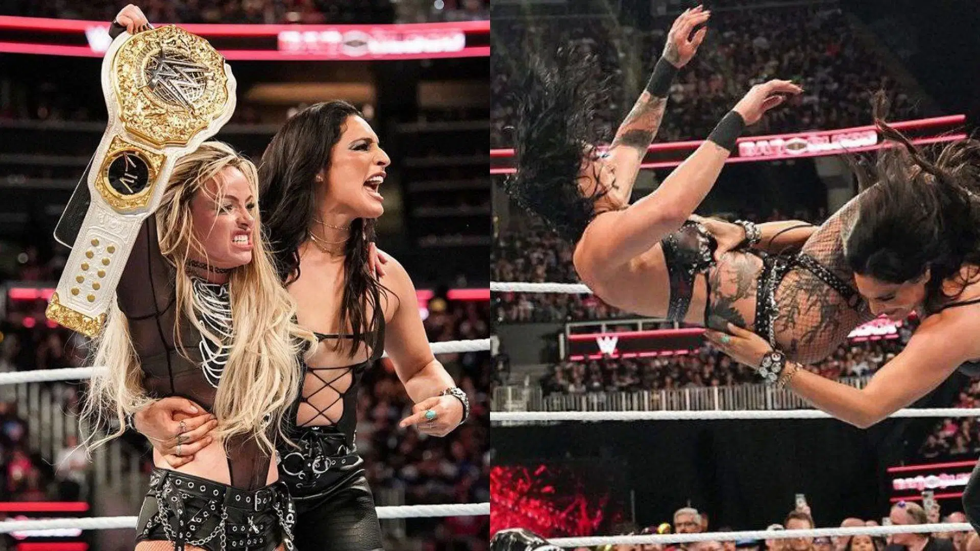 Raquel Rodriguez and Liv Morgan (left) Rodriguez attacking Rhea Ripley (right) [Image Credits: Raquel Rodriguez