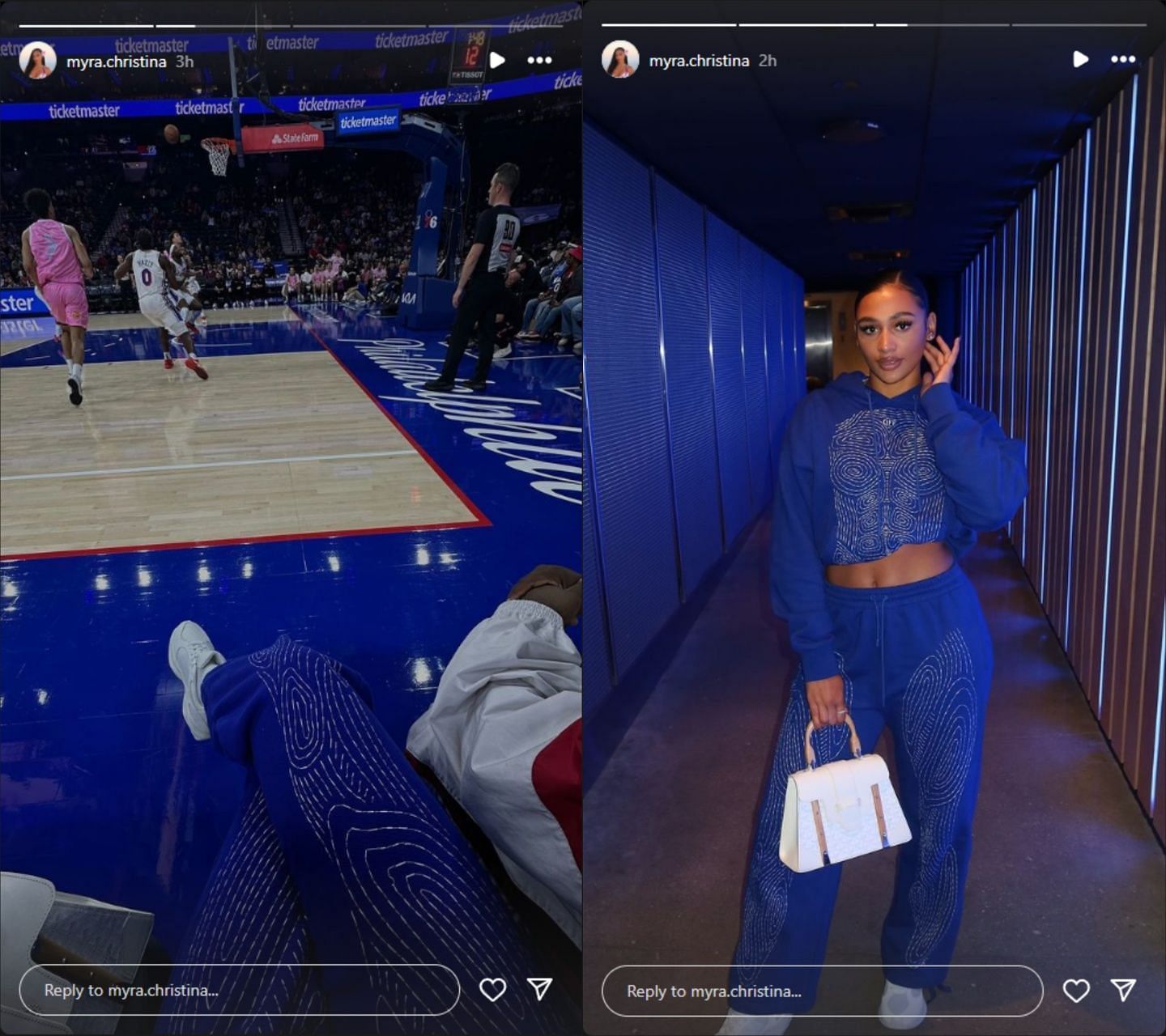 Myra Gordon in a blue outfit plus a luxury bag at the Sixers game. (Photos: Screengrabbed from Myra&#039;s IG stories)