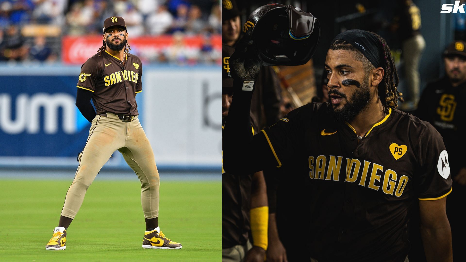 Fernando Tatis Jr. of the San Diego Padres celebrates after scoring in the sixth inning of Game 2 of the NLDS against the Los Angeles Dodgers at Dodger Stadium (Source: Getty)