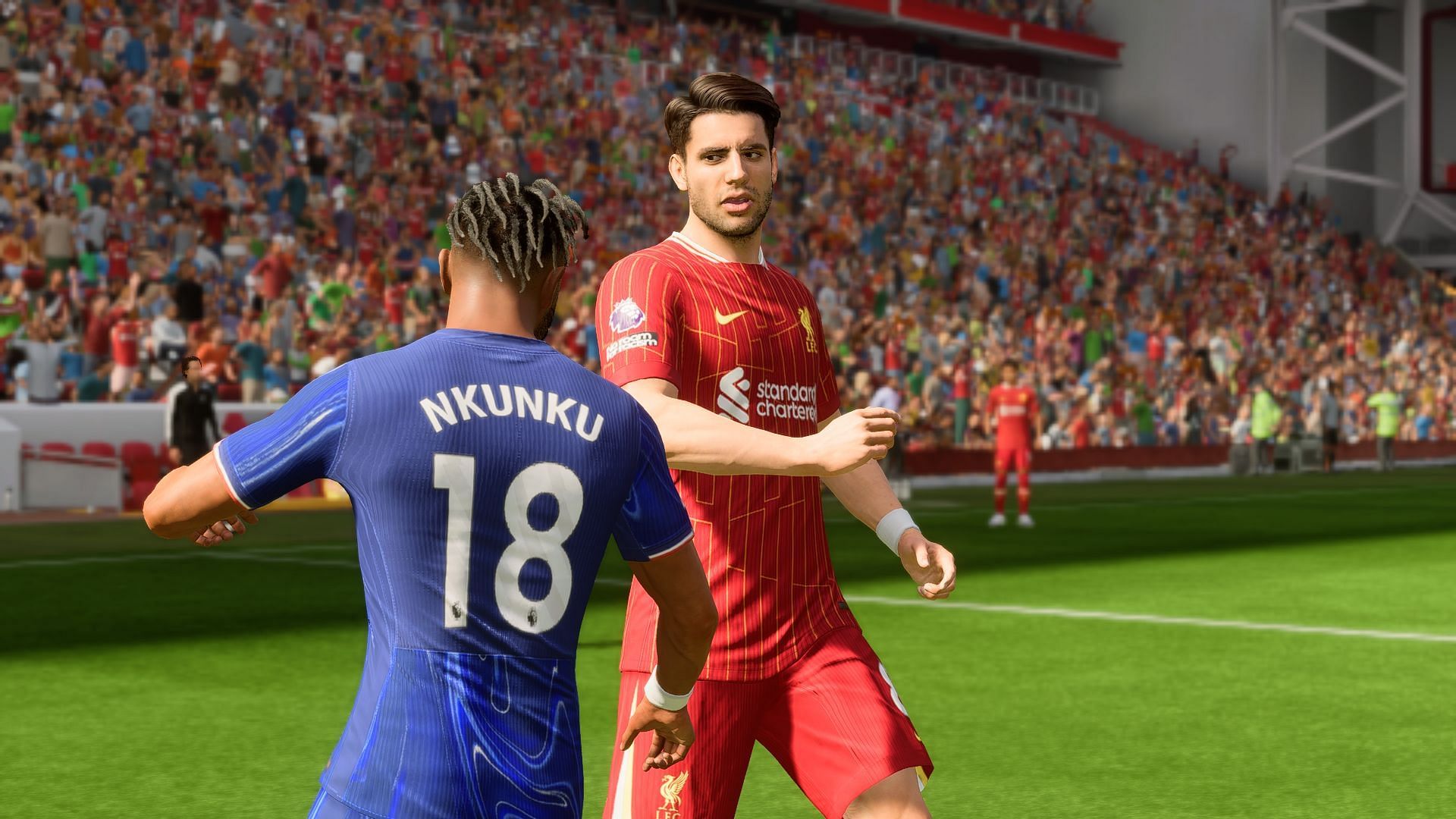 Chelsea and Liverpool players in-between a virtual match in FC 25 (Image via EA Sports)