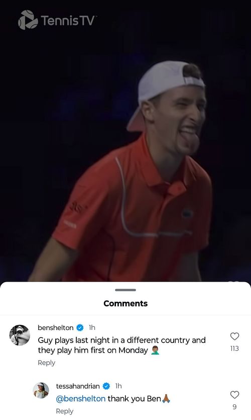 Ben Shelton comments; ( Source - Instagram @atptour)