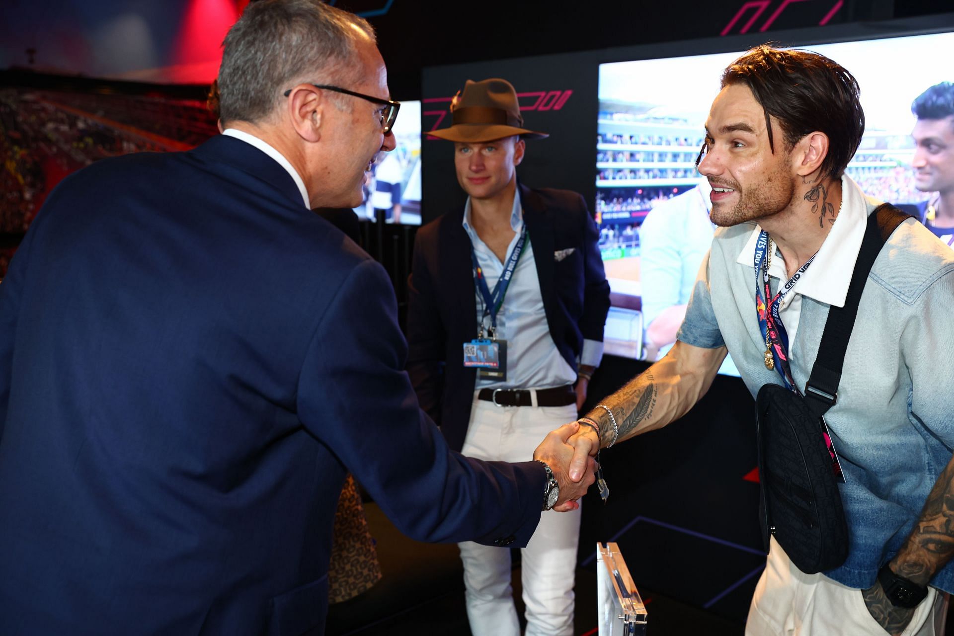 Stefano Domenicali, CEO of the Formula One Group, meets Liam Payne prior to the F1 Grand Prix of Great Britain at Silverstone Circuit on July 09, 2023. Source: Getty Images